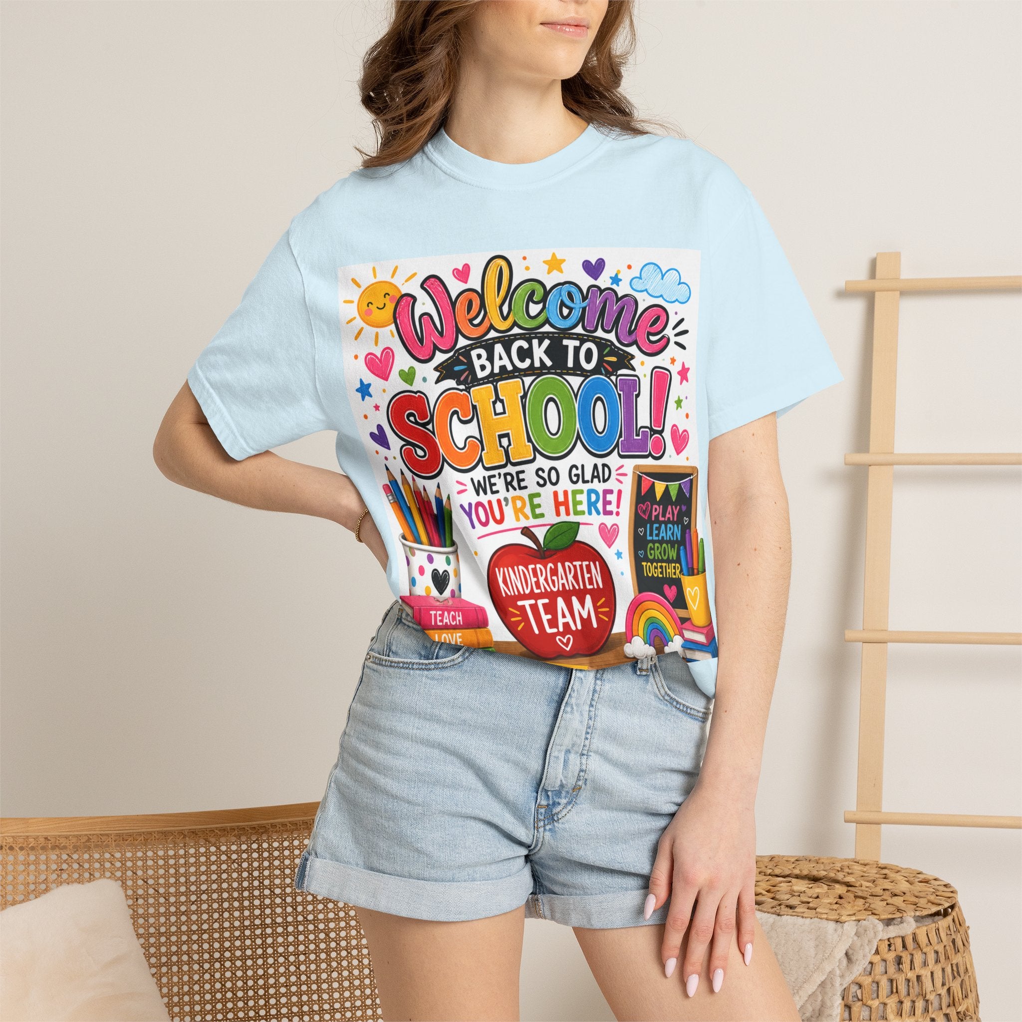 Welcome Back to School T-Shirt — Kindergarten Team Teacher Shirt (We’re So Glad You’re Here)