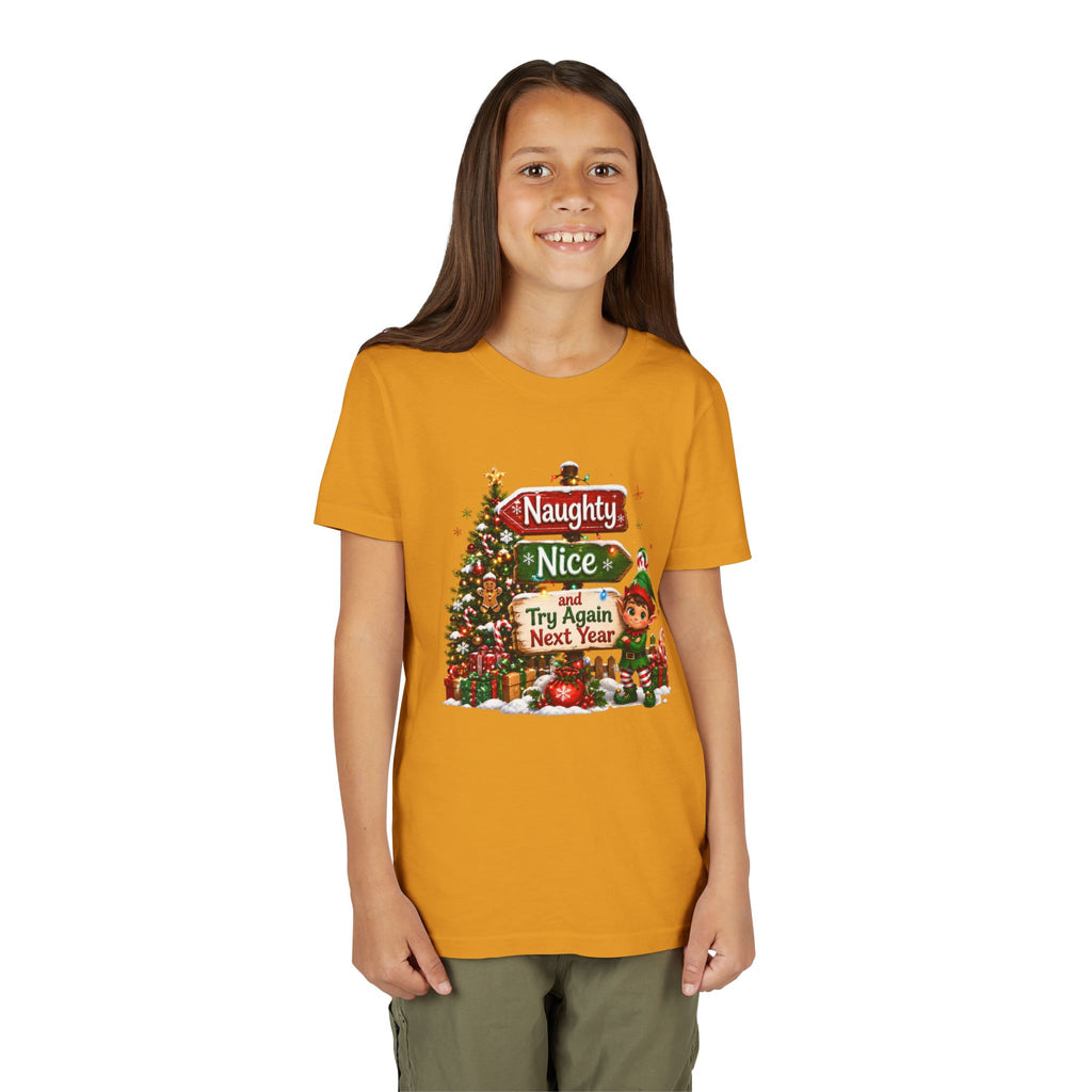 Naughty Nice Try Again Next Year Kids Shirt – Funny Elf Christmas Tee | Holiday Gift for Kids