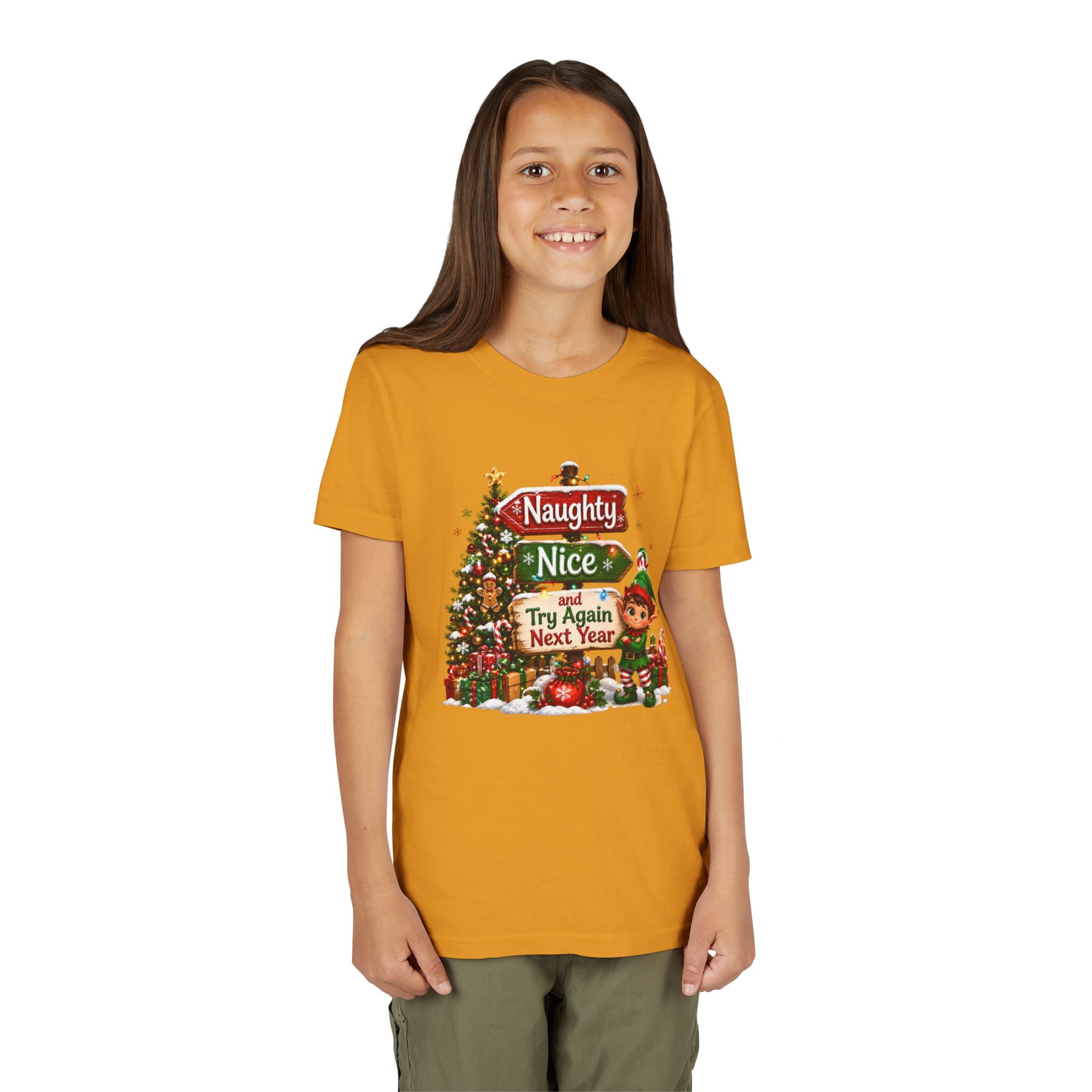 Naughty Nice Try Again Next Year Kids Shirt – Funny Elf Christmas Tee | Holiday Gift for Kids