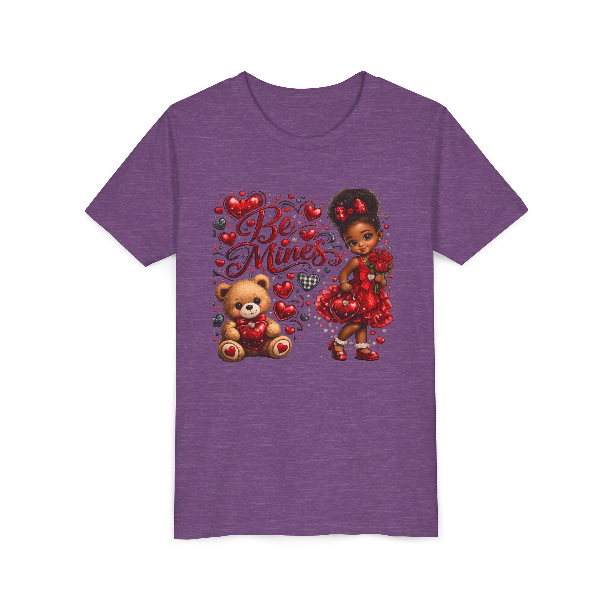 Be Mine Valentine's Day Youth T-Shirt – Cute Black Girl Teddy Bear Tee