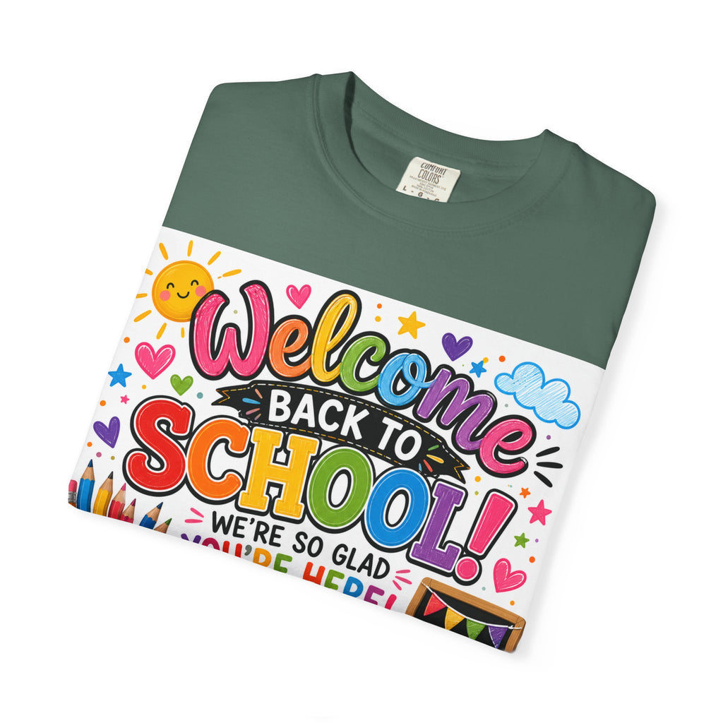 Welcome Back to School T-Shirt — Kindergarten Team Teacher Shirt (We’re So Glad You’re Here)