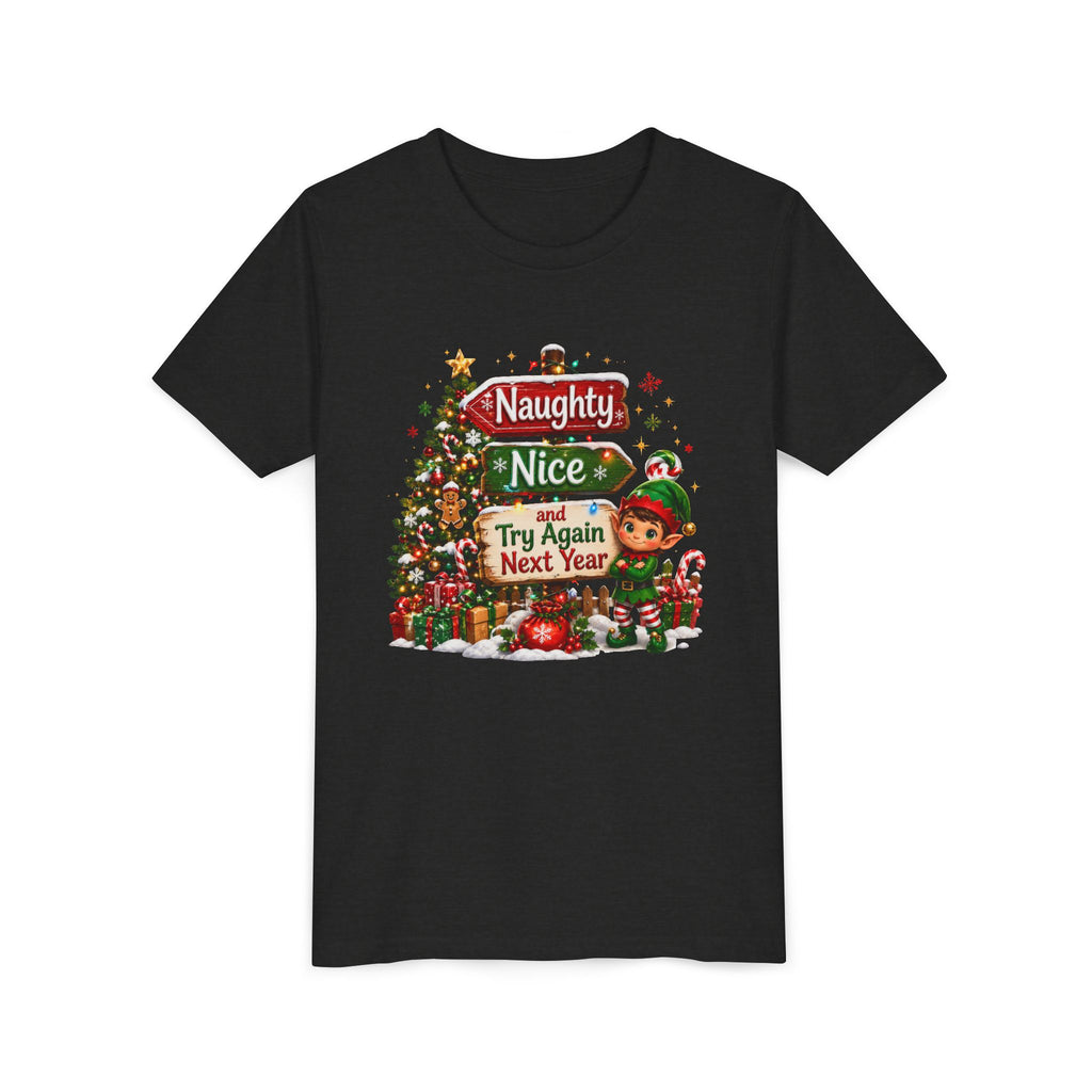 Naughty Nice Try Again Next Year Kids Shirt – Funny Elf Christmas Tee | Holiday Gift for Kids