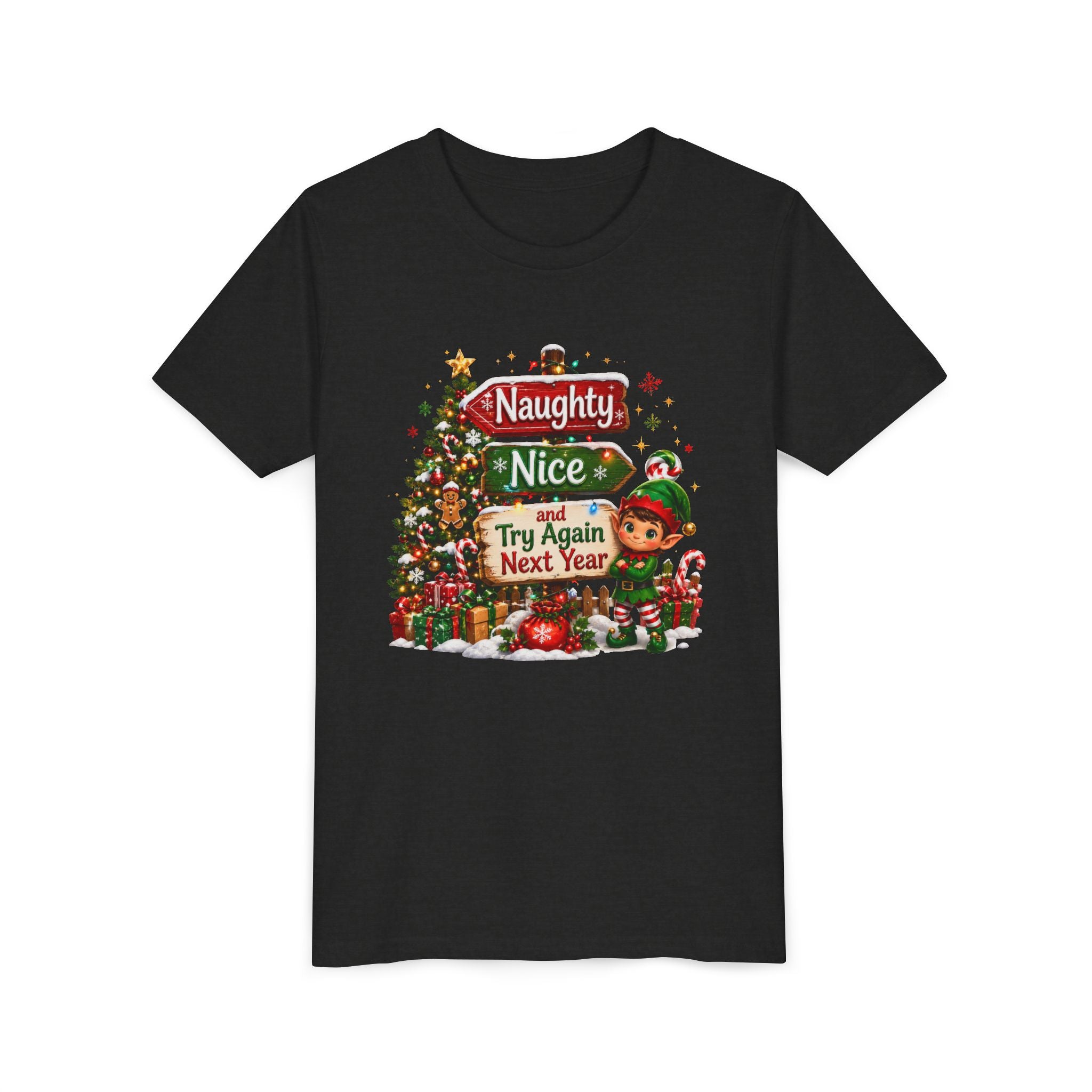 Naughty Nice Try Again Next Year Kids Shirt – Funny Elf Christmas Tee | Holiday Gift for Kids