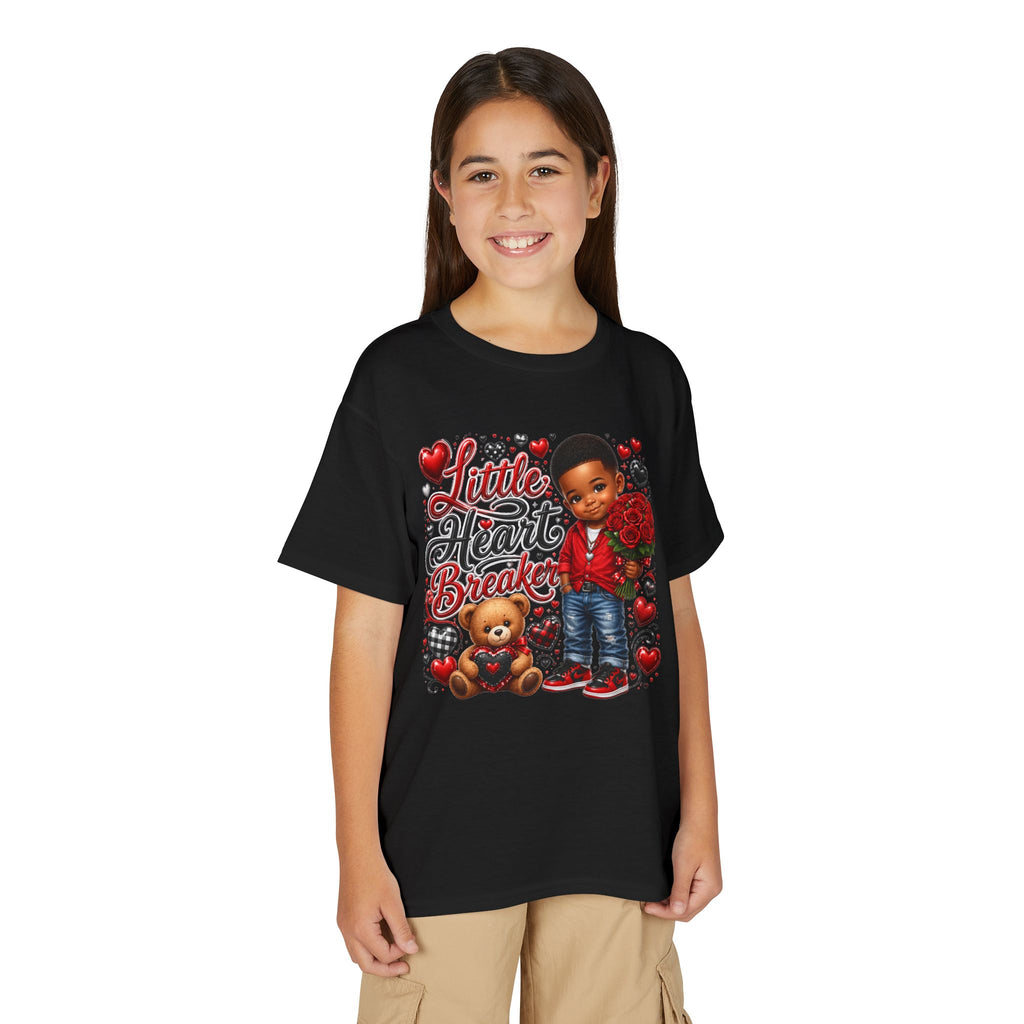 Little Heart Breaker Valentine's Day Youth T-Shirt – Cute Black Boy Roses & Teddy Bear Tee