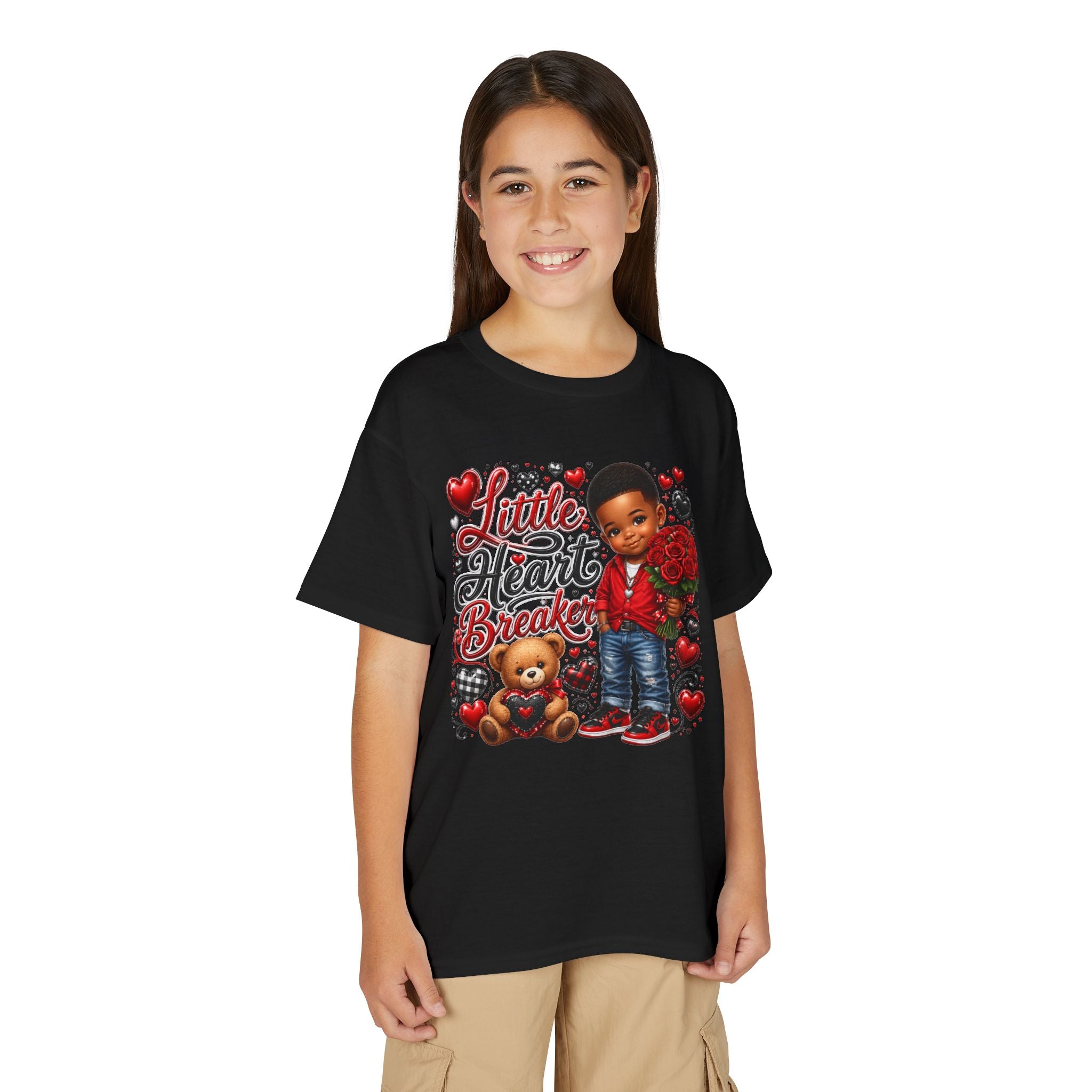 Little Heart Breaker Valentine's Day Youth T-Shirt – Cute Black Boy Roses & Teddy Bear Tee