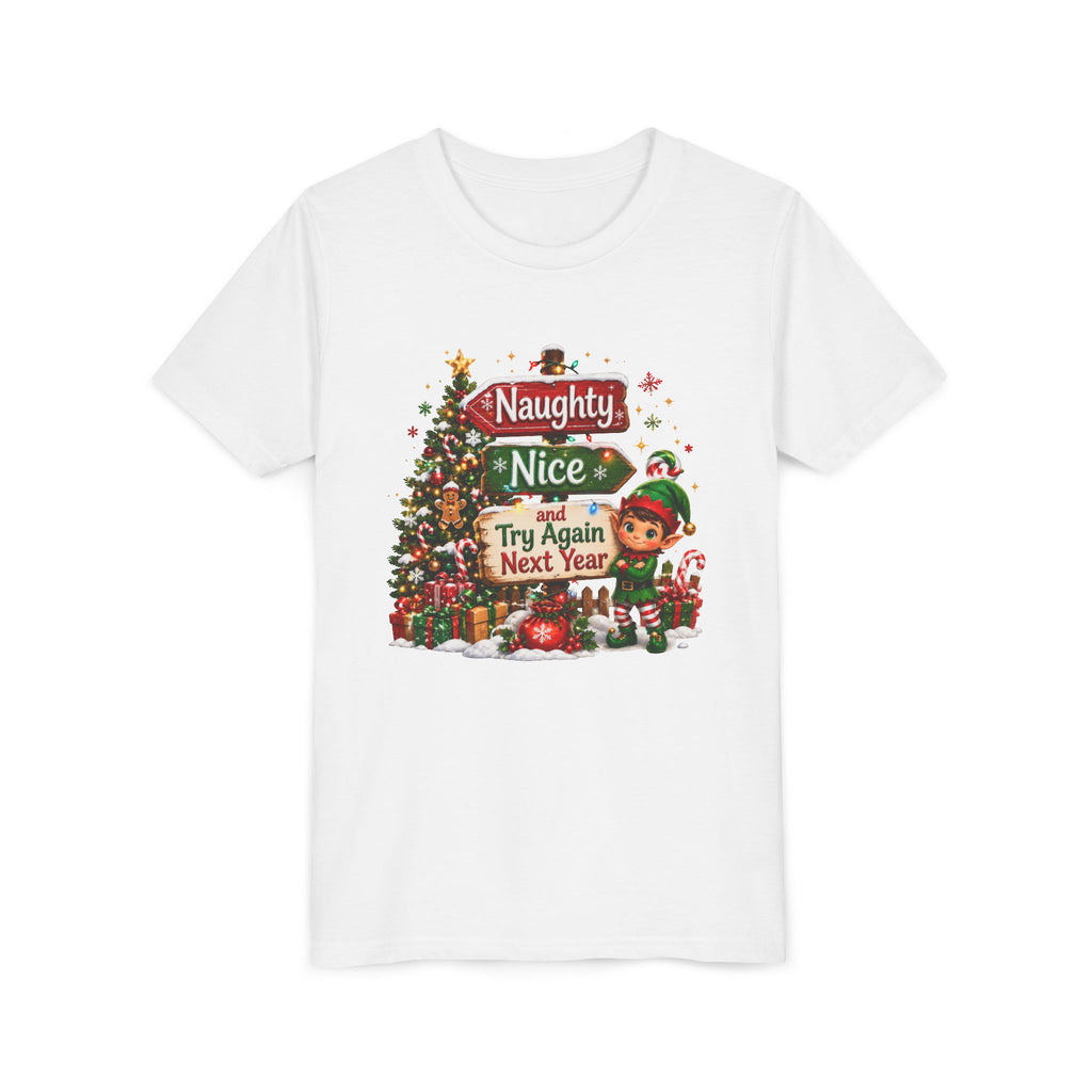 Naughty Nice Try Again Next Year Kids Shirt – Funny Elf Christmas Tee | Holiday Gift for Kids