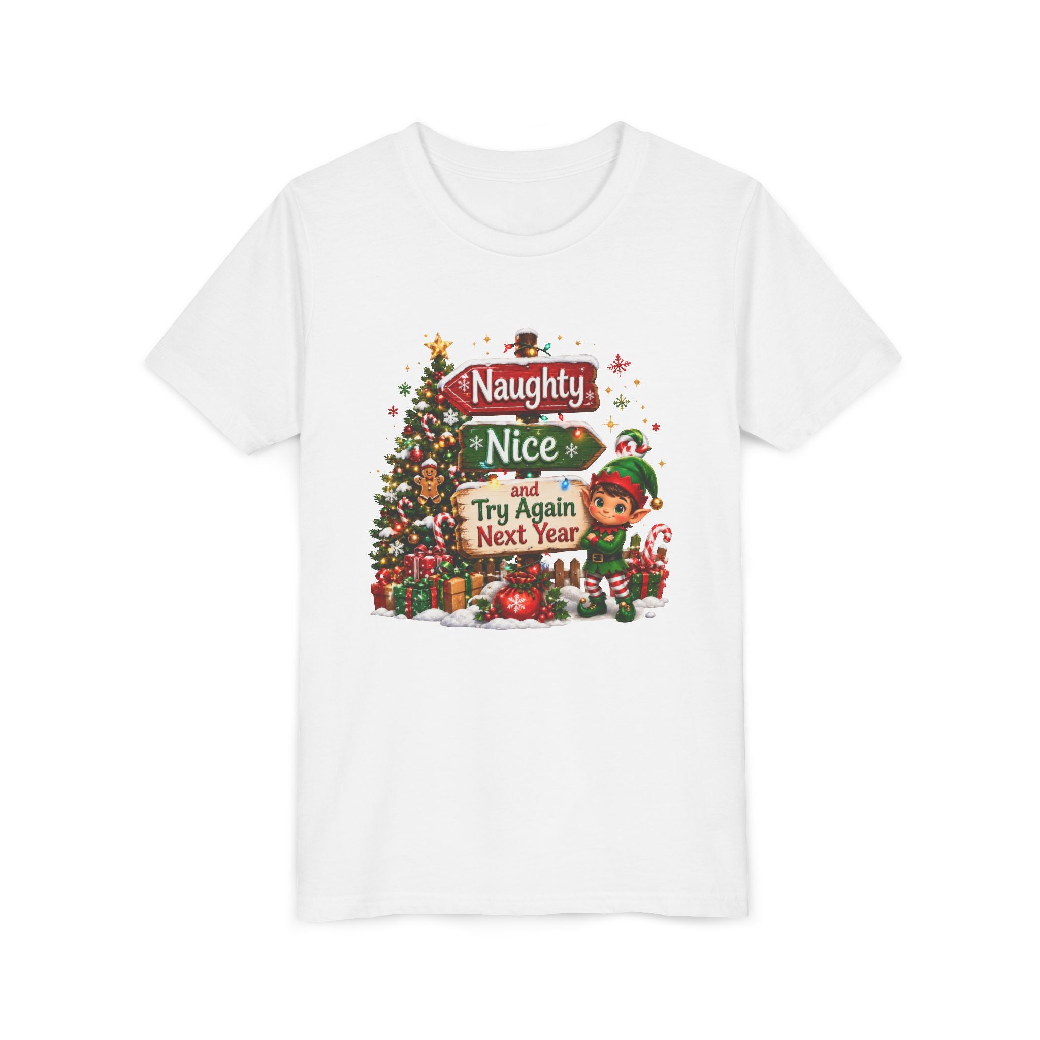 Naughty Nice Try Again Next Year Kids Shirt – Funny Elf Christmas Tee | Holiday Gift for Kids