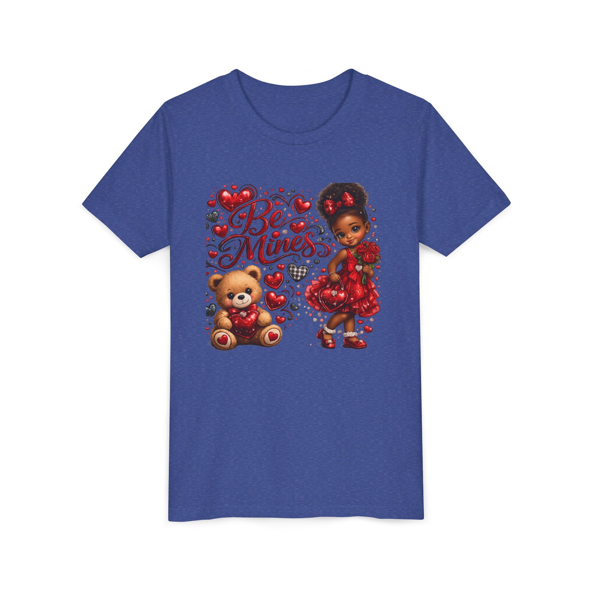 Be Mine Valentine's Day Youth T-Shirt – Cute Black Girl Teddy Bear Tee