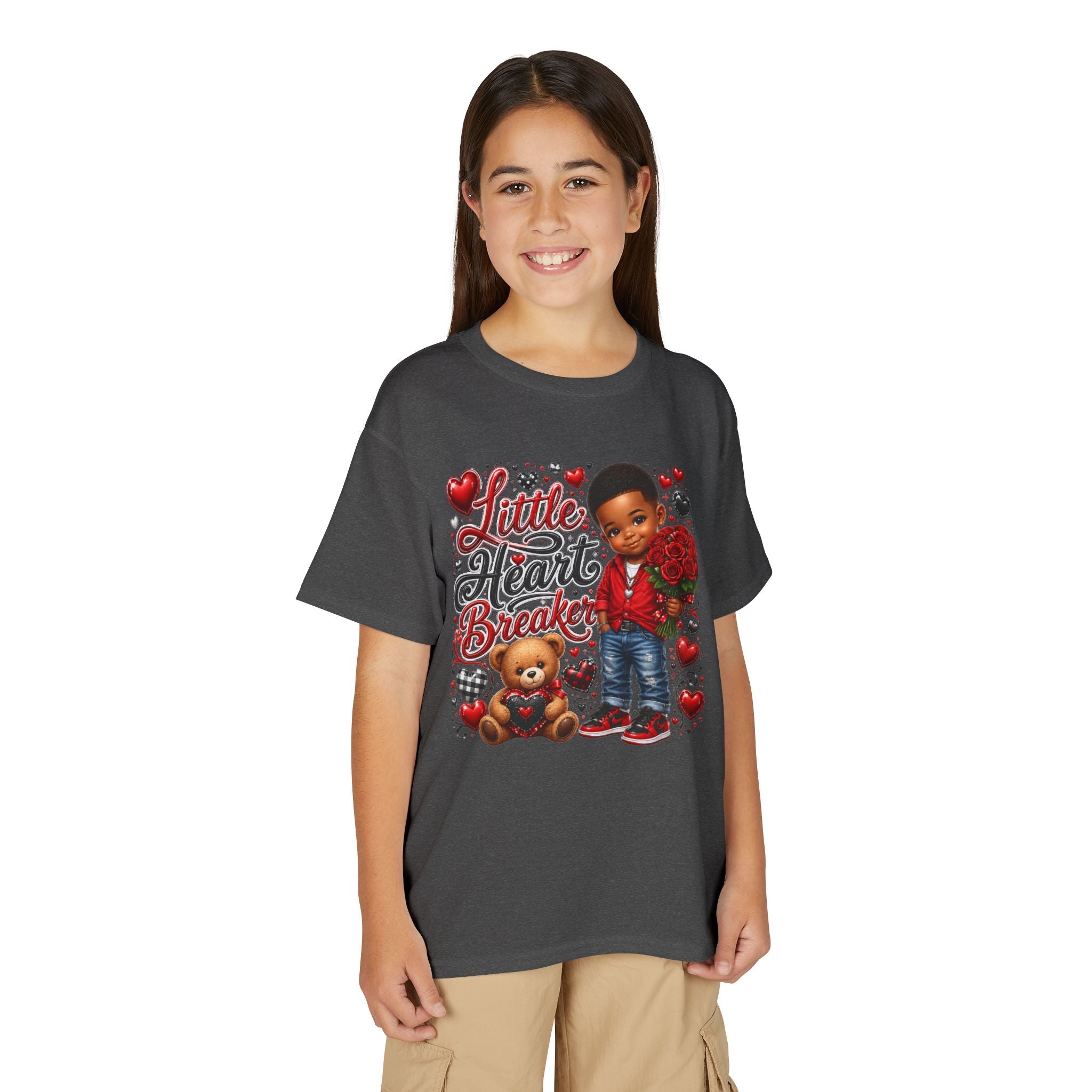 Little Heart Breaker Valentine's Day Youth T-Shirt – Cute Black Boy Roses & Teddy Bear Tee