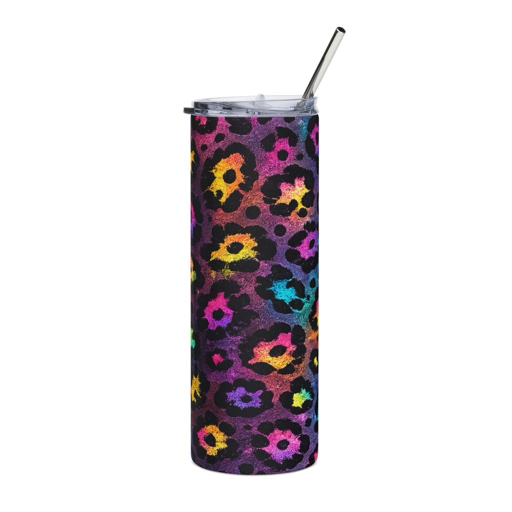 Rainbow Leopard Print Skinny Tumbler | Neon Cheetah Glitter Insulated Cup with Straw
