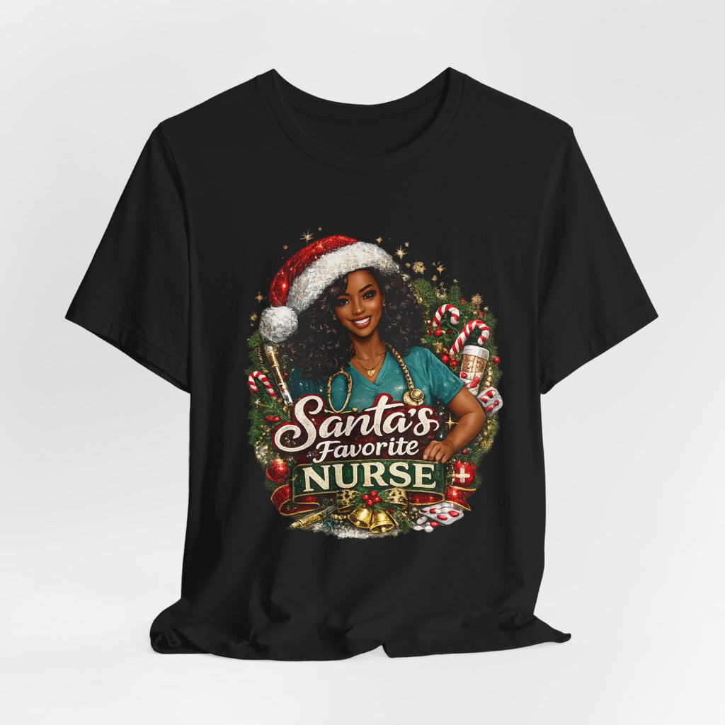 Santa's Favorite Nurse – Black Nurse Christmas T-Shirt