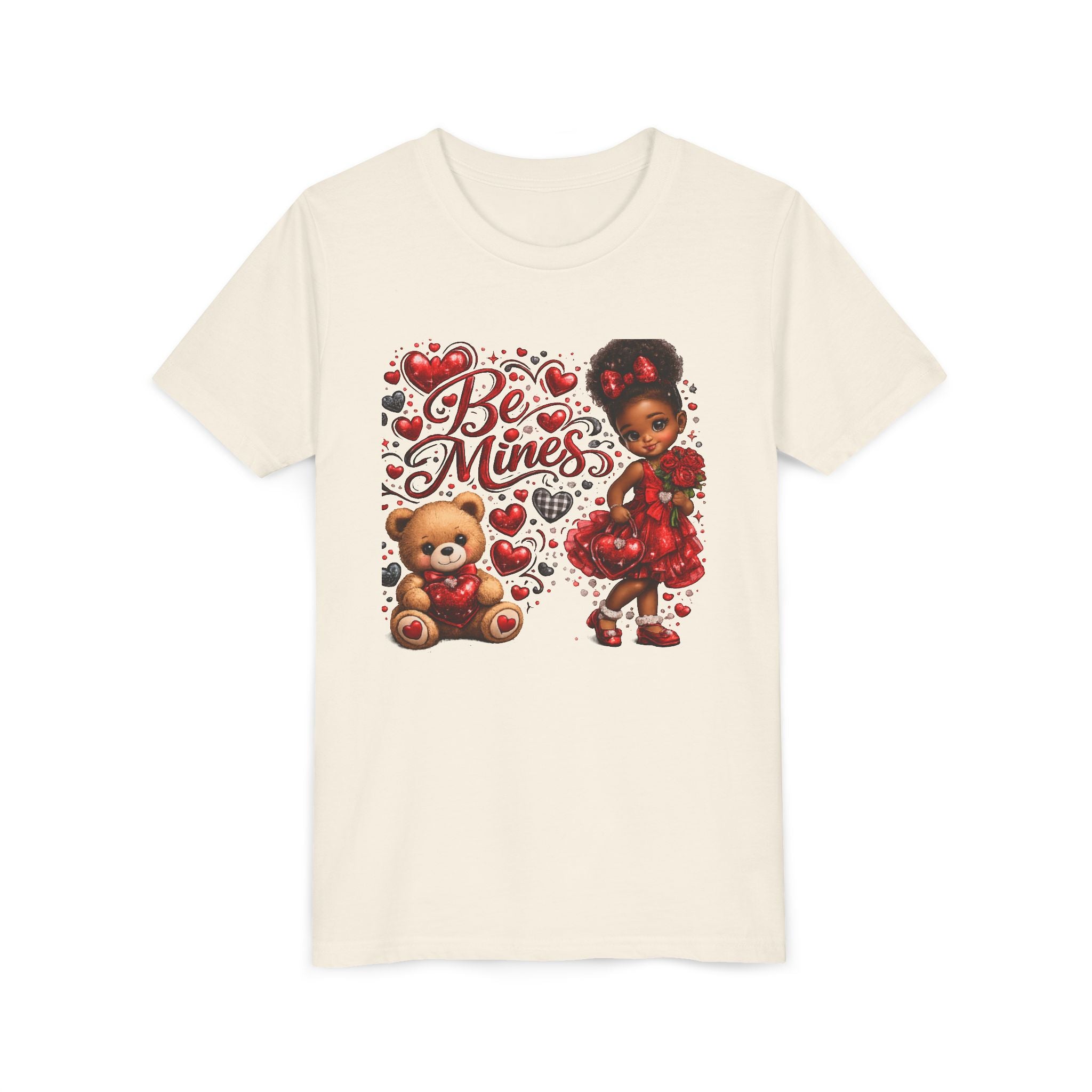 Be Mine Valentine's Day Youth T-Shirt – Cute Black Girl Teddy Bear Tee