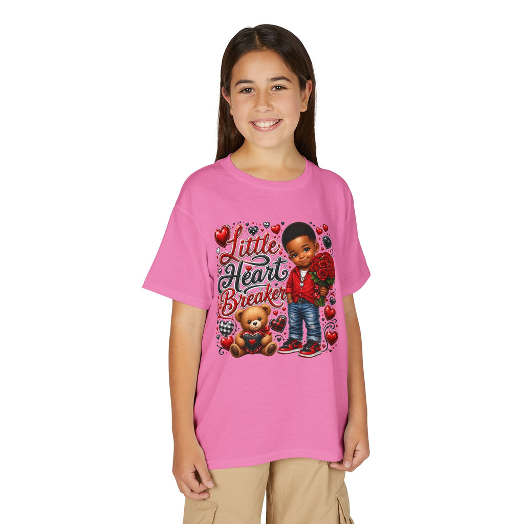 Little Heart Breaker Valentine's Day Youth T-Shirt – Cute Black Boy Roses & Teddy Bear Tee