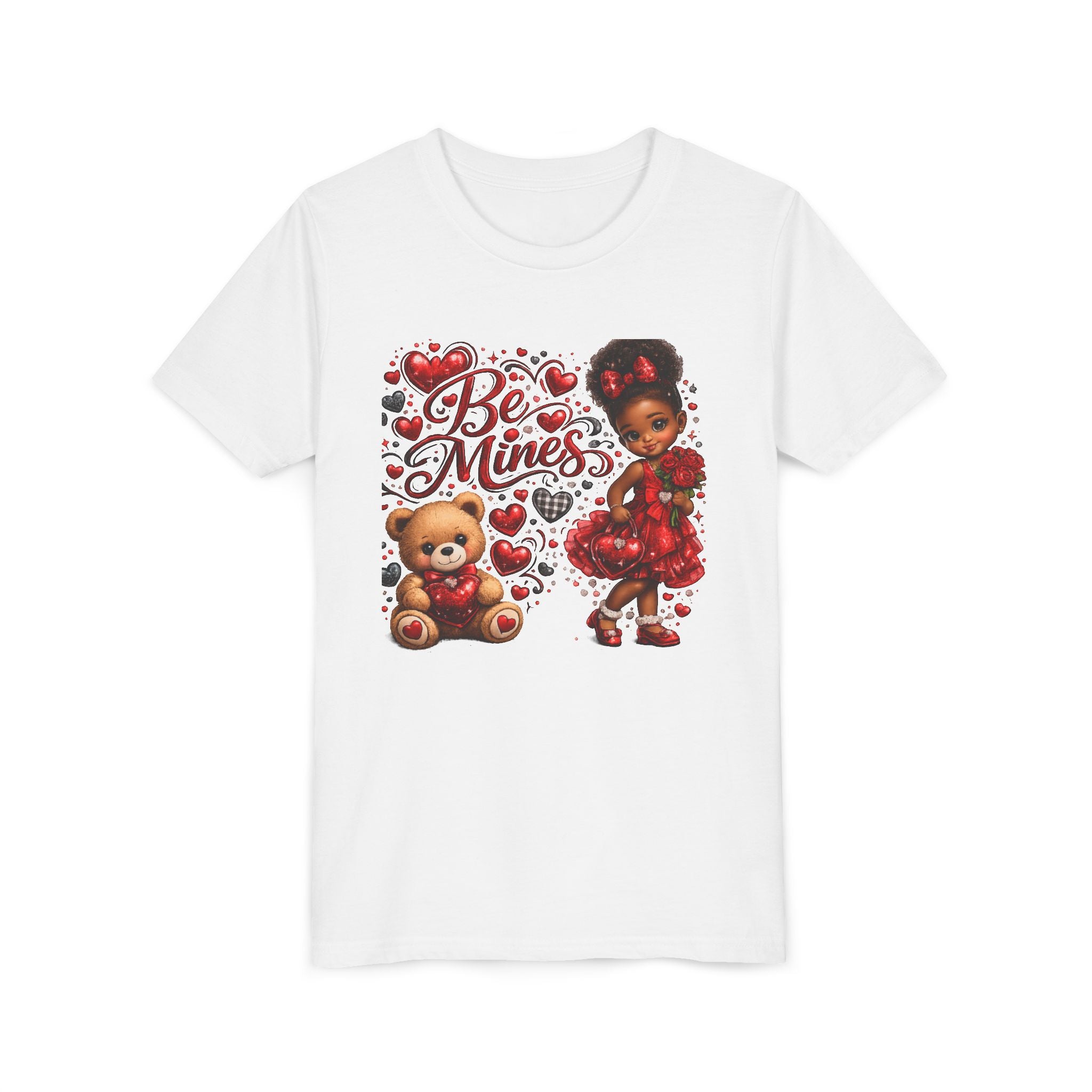 Be Mine Valentine's Day Youth T-Shirt – Cute Black Girl Teddy Bear Tee