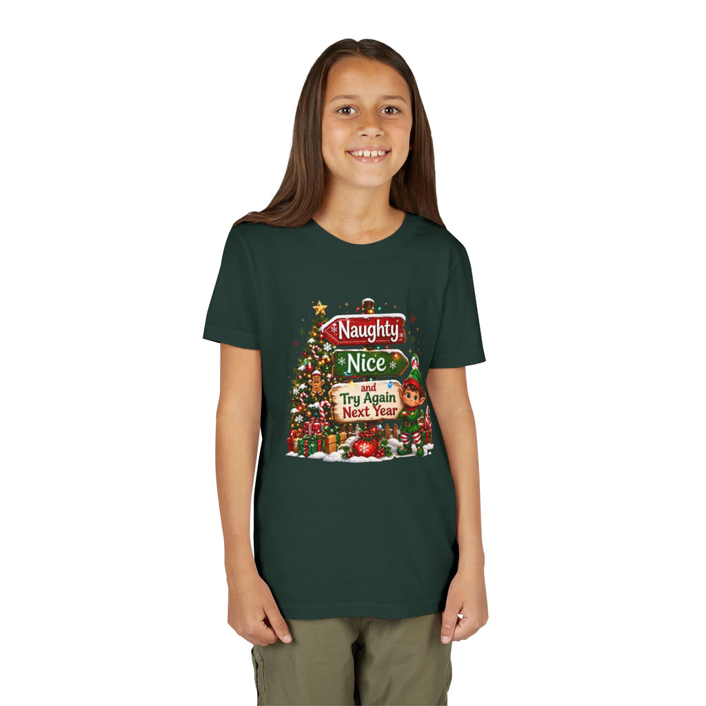 Naughty Nice Try Again Next Year Kids Shirt – Funny Elf Christmas Tee | Holiday Gift for Kids