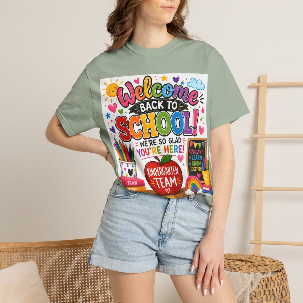 Welcome Back to School T-Shirt — Kindergarten Team Teacher Shirt (We’re So Glad You’re Here)