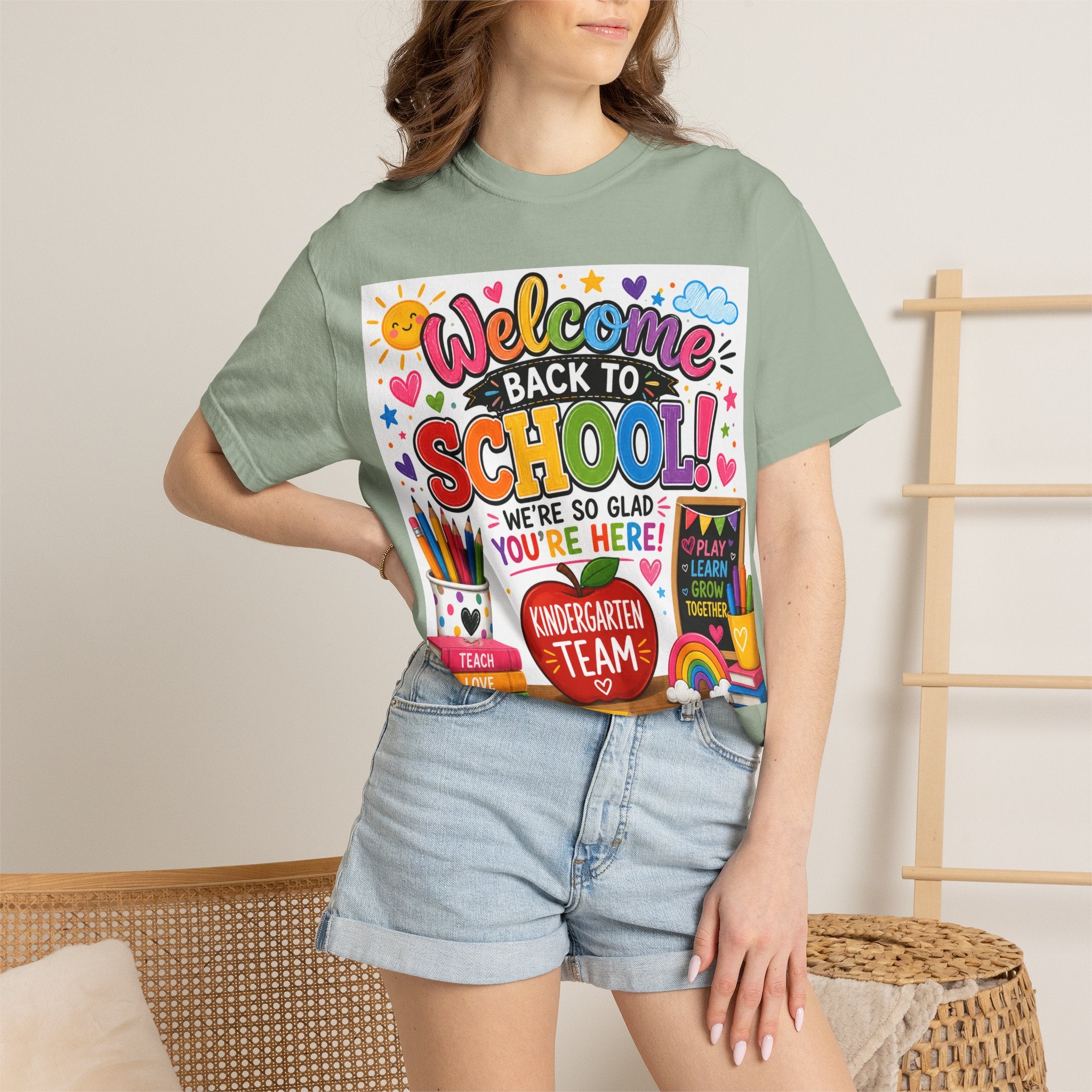 Welcome Back to School T-Shirt — Kindergarten Team Teacher Shirt (We’re So Glad You’re Here)