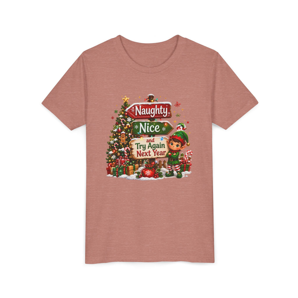 Naughty Nice Try Again Next Year Kids Shirt – Funny Elf Christmas Tee | Holiday Gift for Kids