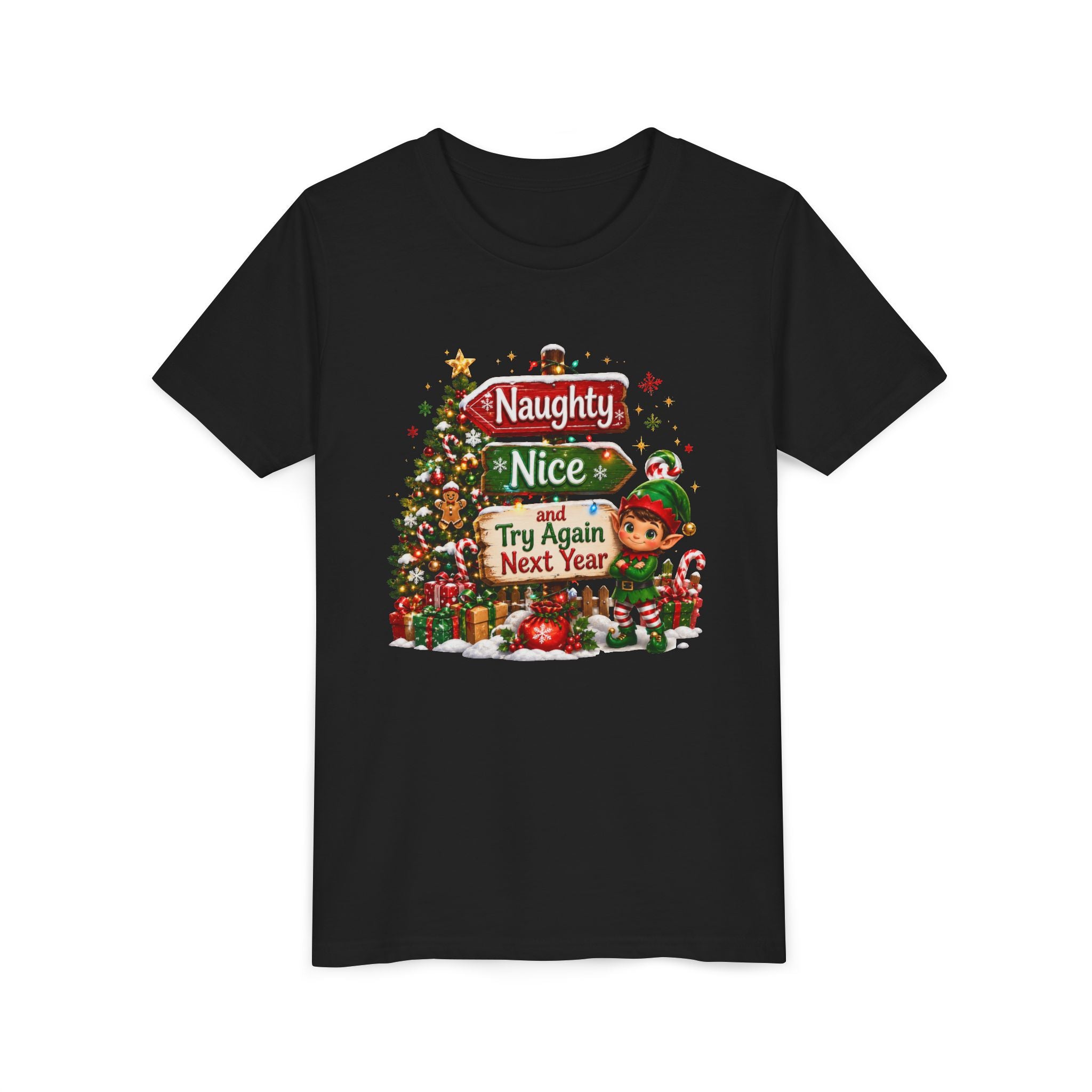 Naughty Nice Try Again Next Year Kids Shirt – Funny Elf Christmas Tee | Holiday Gift for Kids