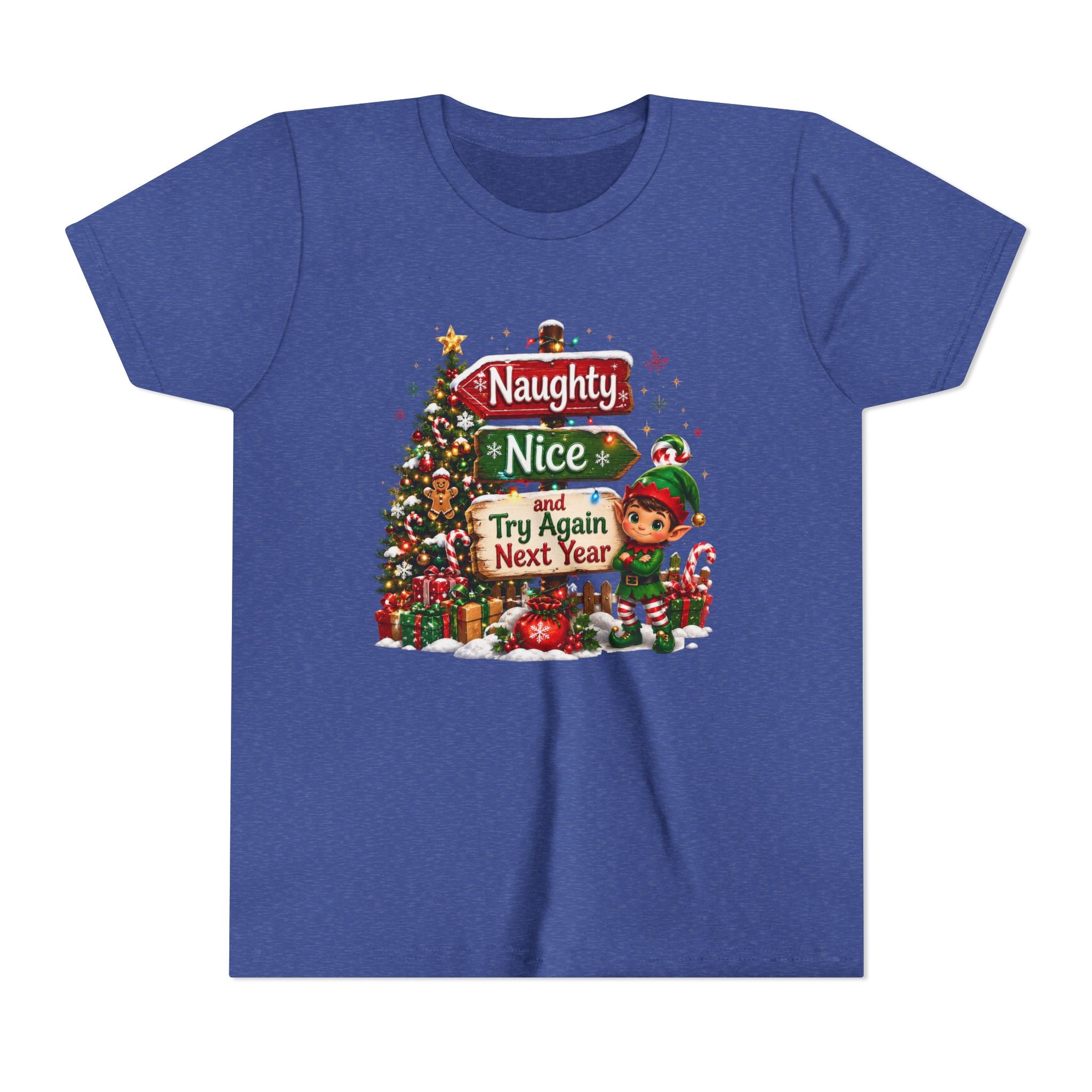 Naughty Nice Try Again Next Year Kids Shirt – Funny Elf Christmas Tee | Holiday Gift for Kids