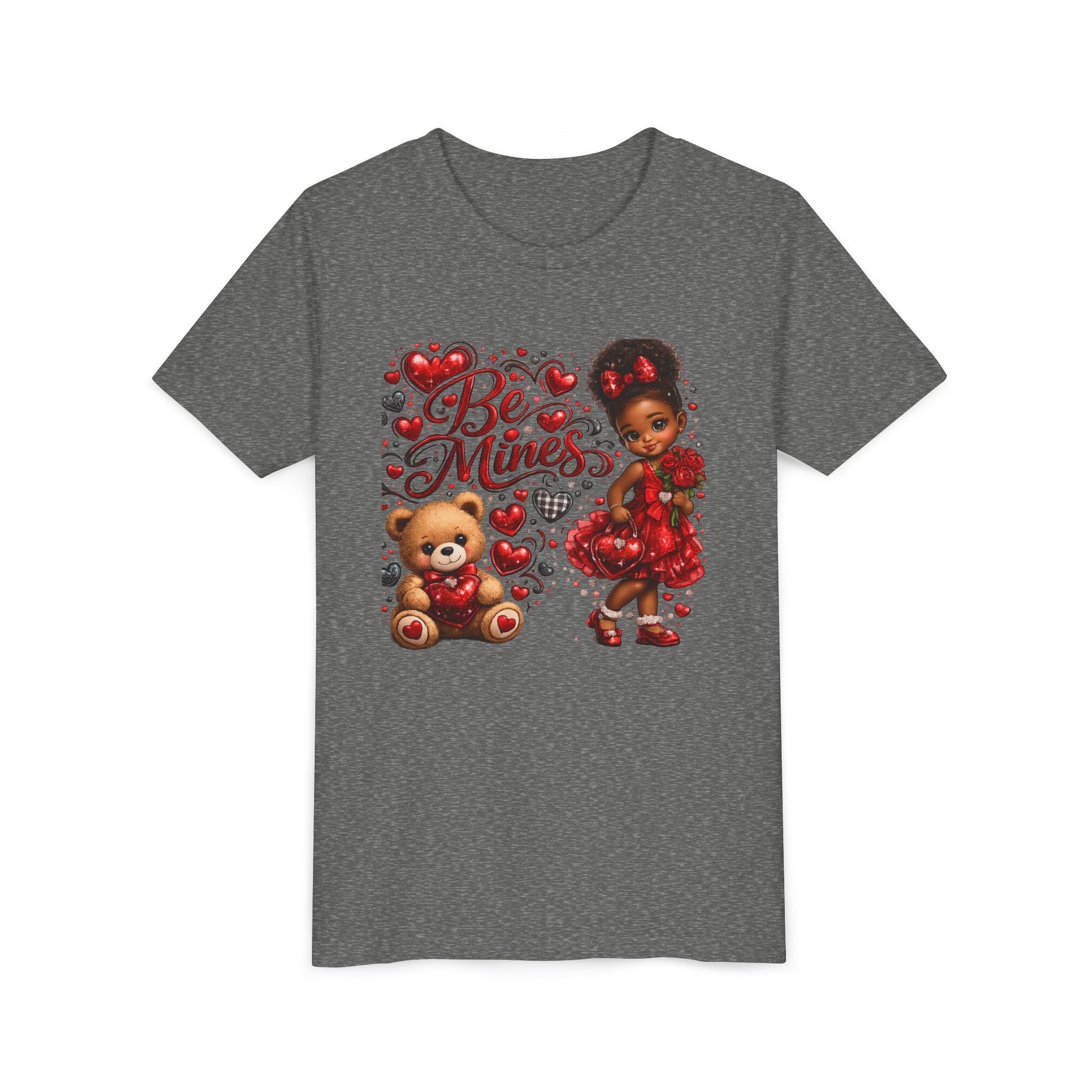Be Mine Valentine's Day Youth T-Shirt – Cute Black Girl Teddy Bear Tee