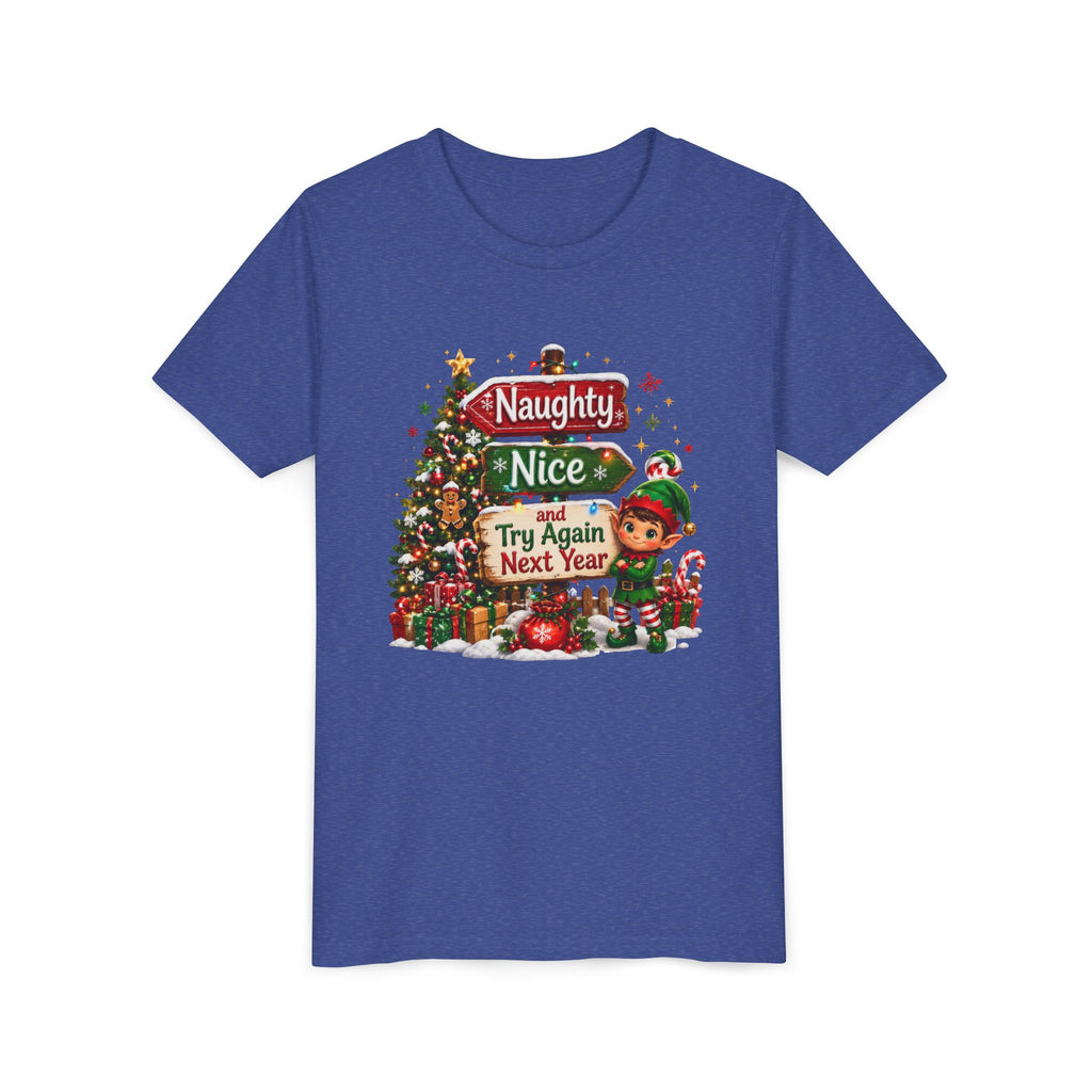 Naughty Nice Try Again Next Year Kids Shirt – Funny Elf Christmas Tee | Holiday Gift for Kids