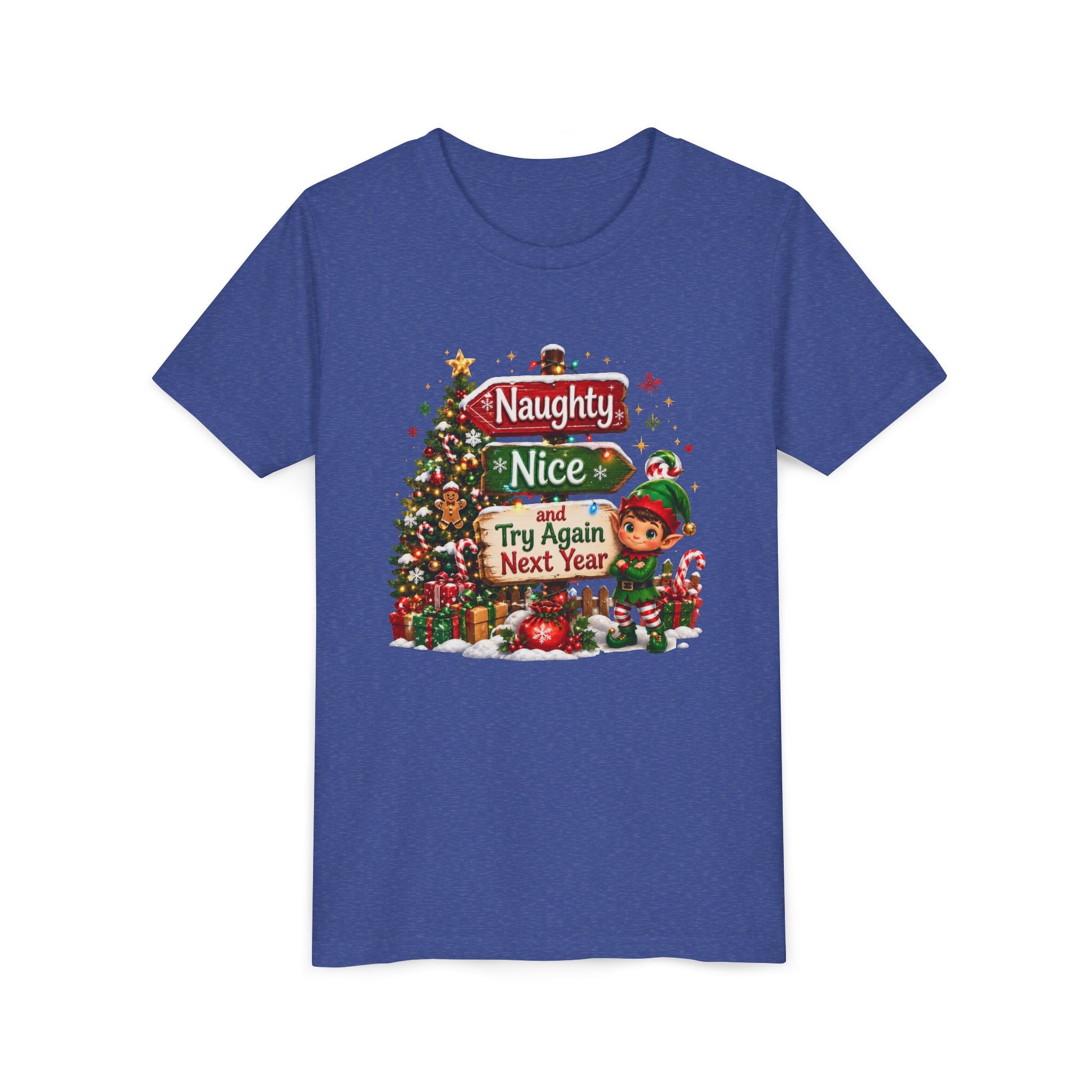 Naughty Nice Try Again Next Year Kids Shirt – Funny Elf Christmas Tee | Holiday Gift for Kids