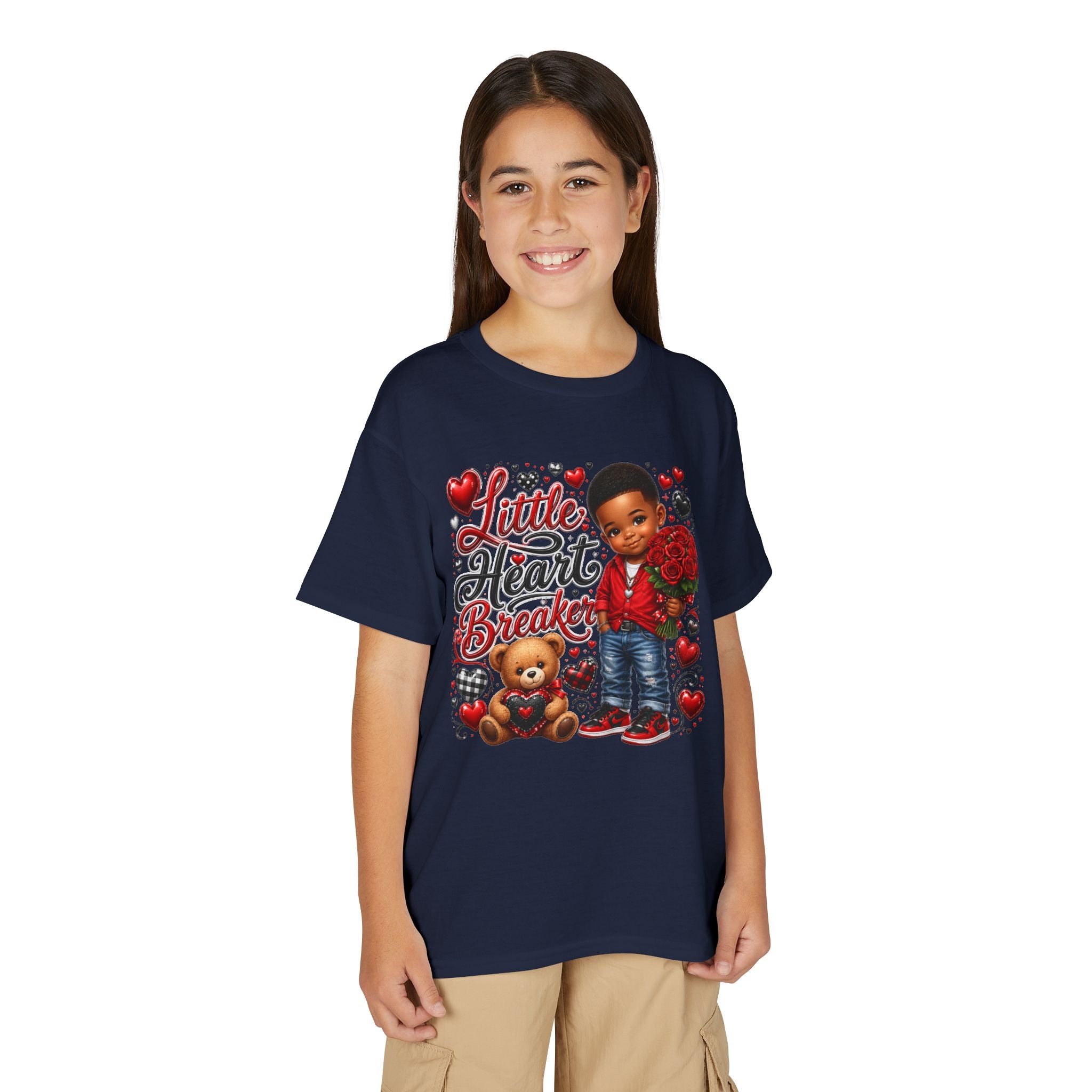 Little Heart Breaker Valentine's Day Youth T-Shirt – Cute Black Boy Roses & Teddy Bear Tee