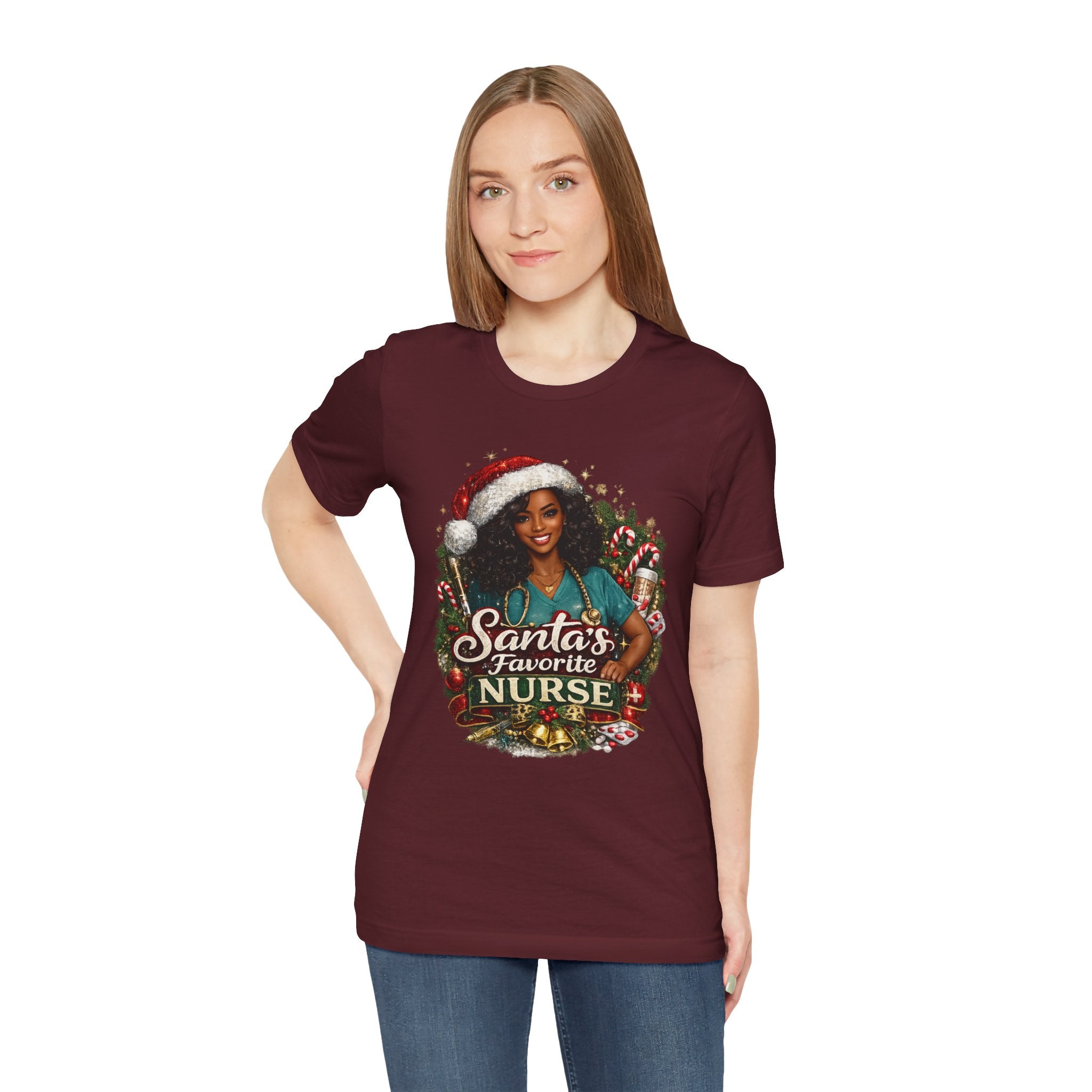 Santa's Favorite Nurse – Black Nurse Christmas T-Shirt
