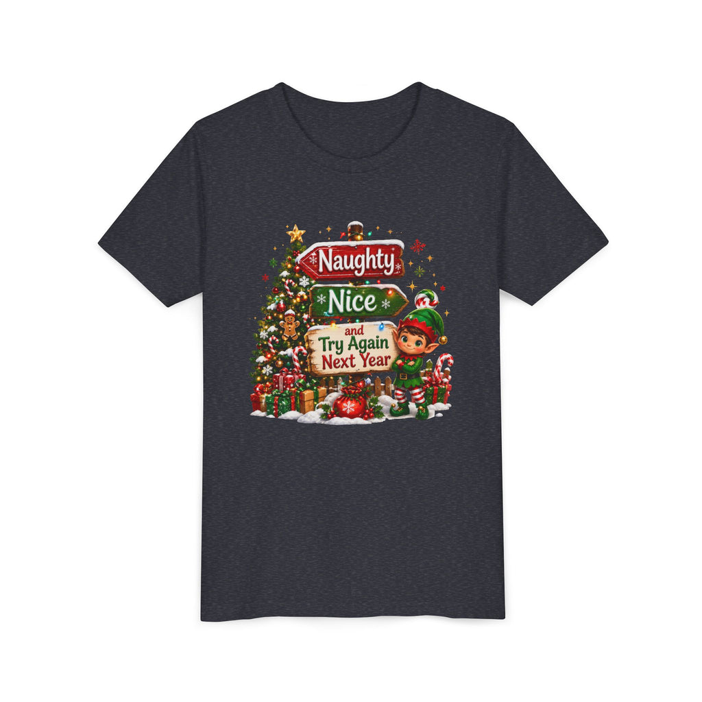Naughty Nice Try Again Next Year Kids Shirt – Funny Elf Christmas Tee | Holiday Gift for Kids