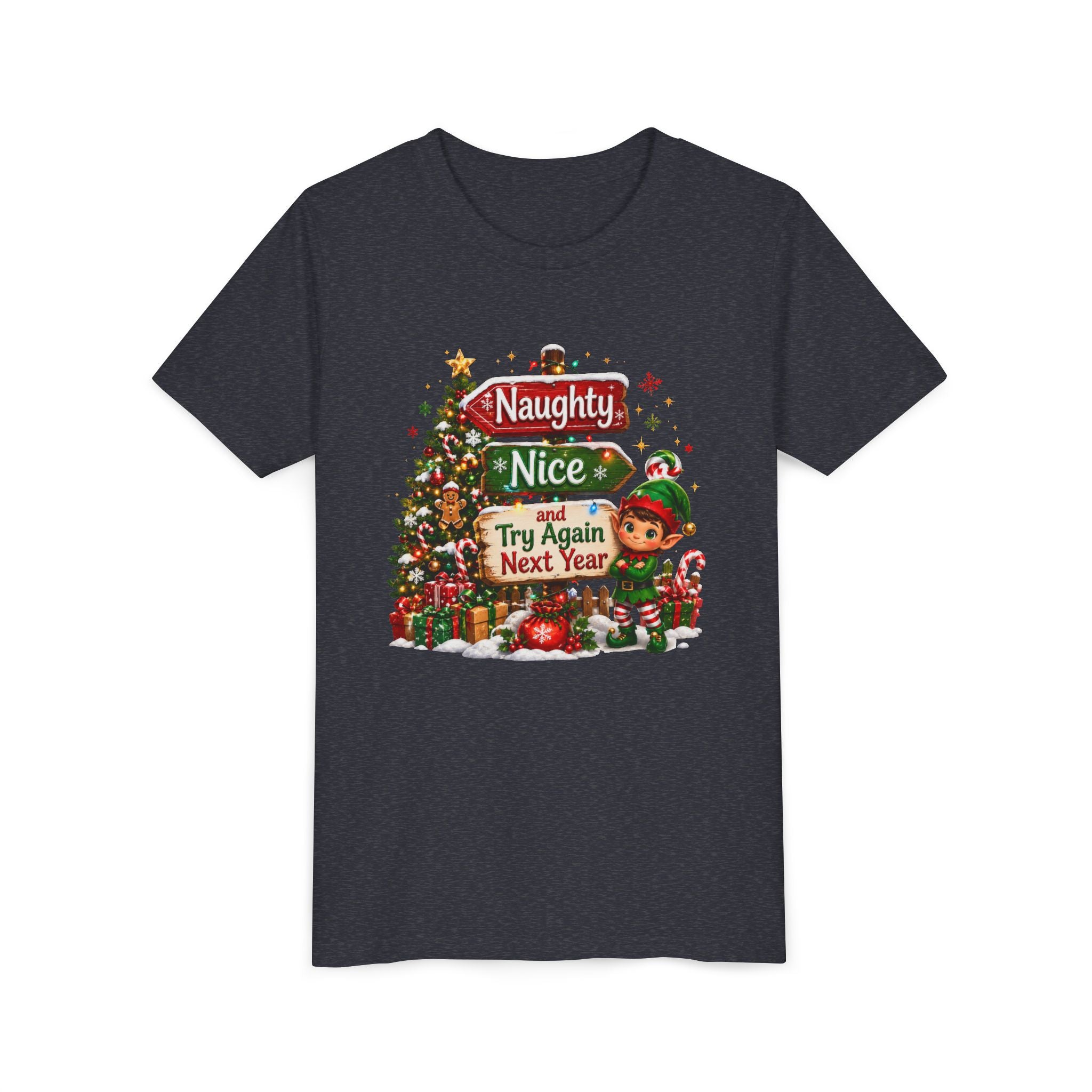 Naughty Nice Try Again Next Year Kids Shirt – Funny Elf Christmas Tee | Holiday Gift for Kids