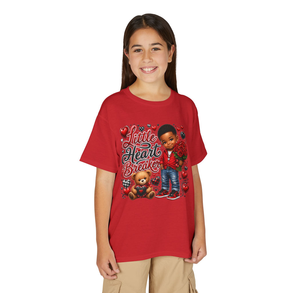Little Heart Breaker Valentine's Day Youth T-Shirt – Cute Black Boy Roses & Teddy Bear Tee