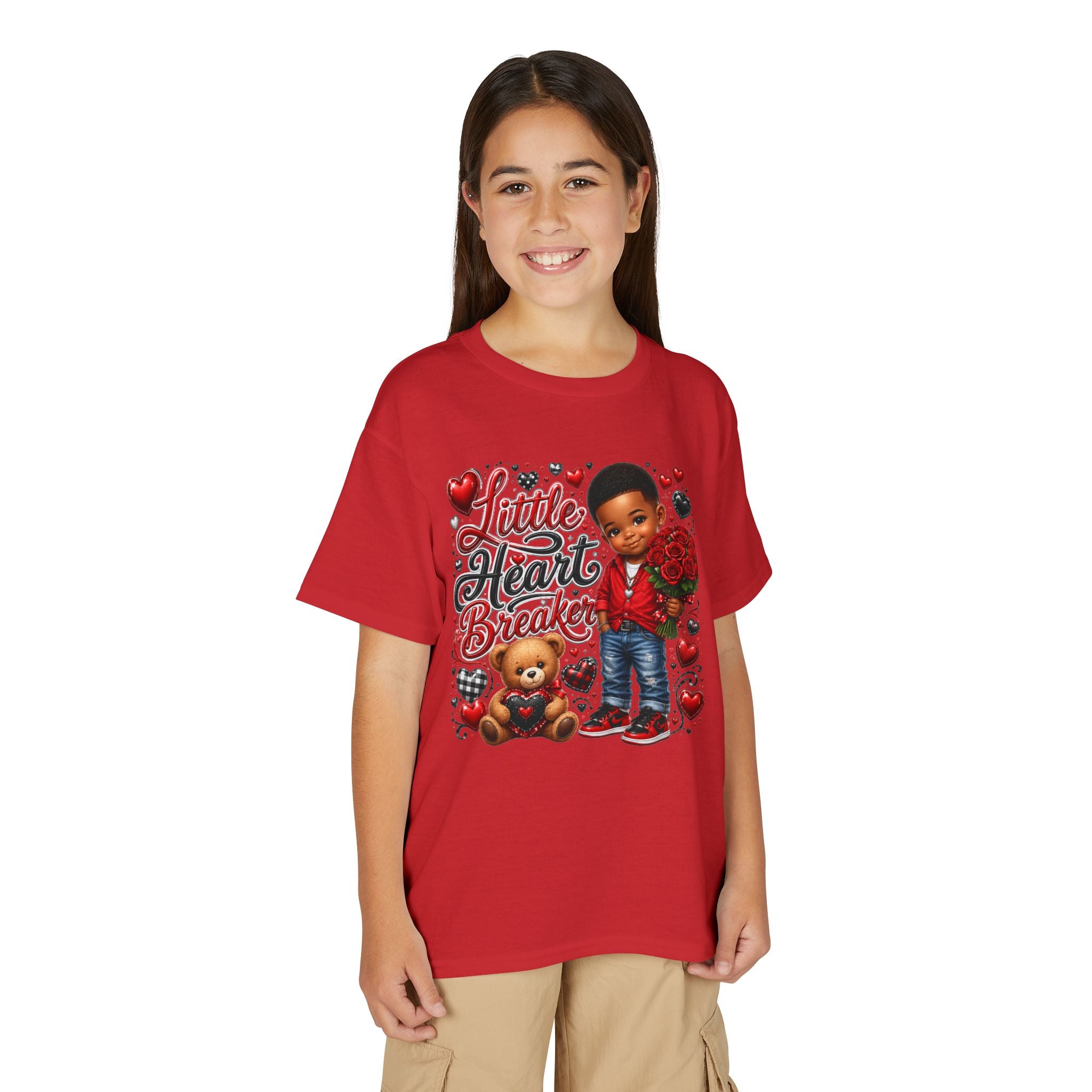 Little Heart Breaker Valentine's Day Youth T-Shirt – Cute Black Boy Roses & Teddy Bear Tee