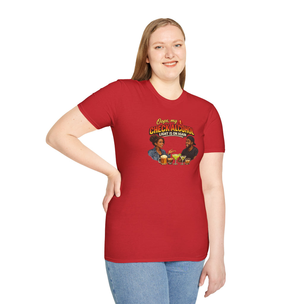 Oops My Check Alcohol Light Is On Again T-Shirt | Funny Drinking Shirt | Day Party Graphic Tee