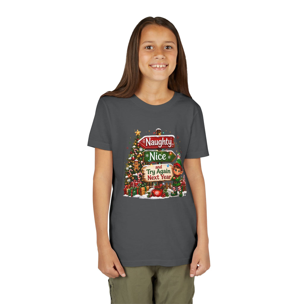 Naughty Nice Try Again Next Year Kids Shirt – Funny Elf Christmas Tee | Holiday Gift for Kids