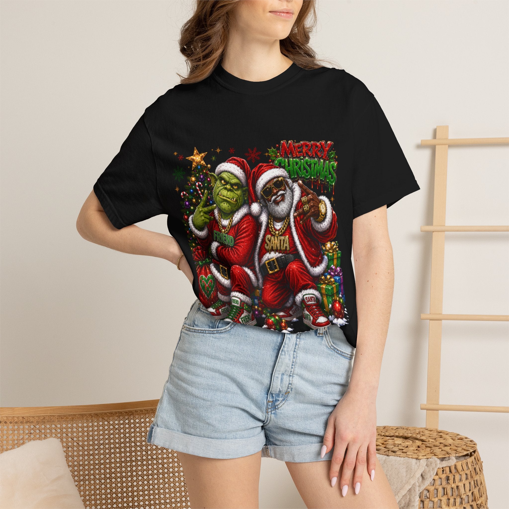 Santa and Friend Merry Christmas Shirt – Hip Hop Holiday Tee | Funny Christmas Gift