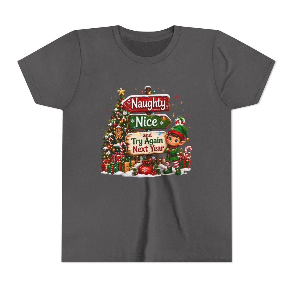 Naughty Nice Try Again Next Year Kids Shirt – Funny Elf Christmas Tee | Holiday Gift for Kids