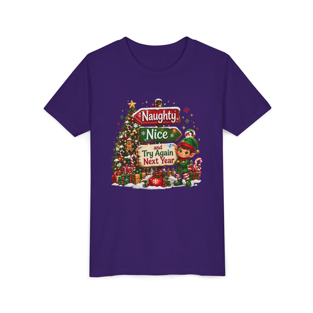 Naughty Nice Try Again Next Year Kids Shirt – Funny Elf Christmas Tee | Holiday Gift for Kids