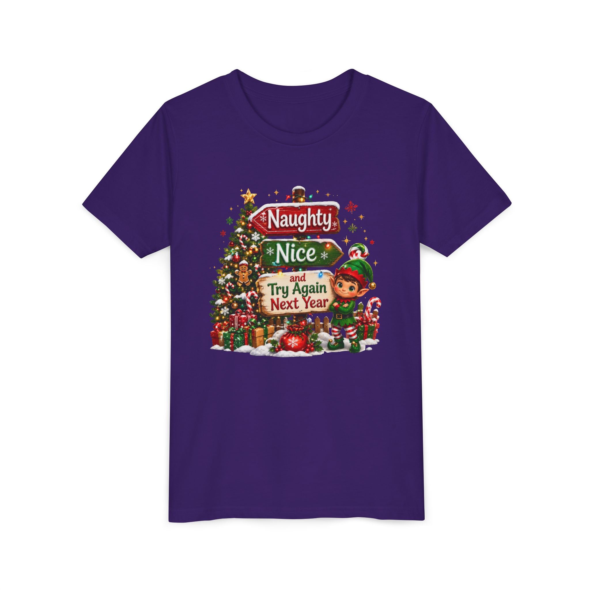 Naughty Nice Try Again Next Year Kids Shirt – Funny Elf Christmas Tee | Holiday Gift for Kids
