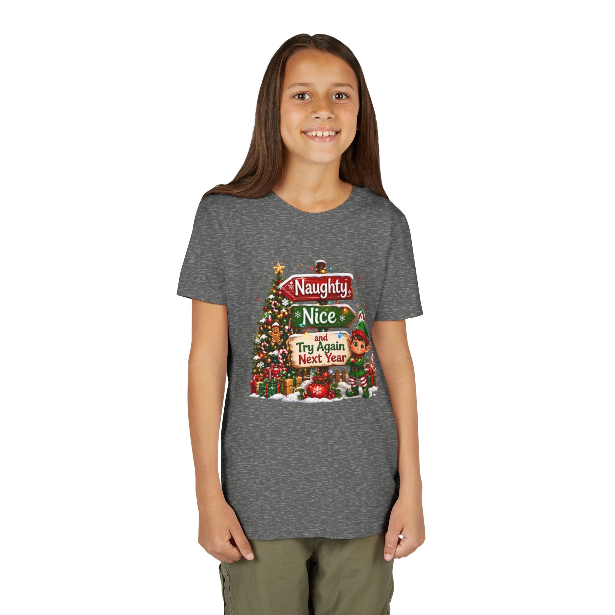 Naughty Nice Try Again Next Year Kids Shirt – Funny Elf Christmas Tee | Holiday Gift for Kids