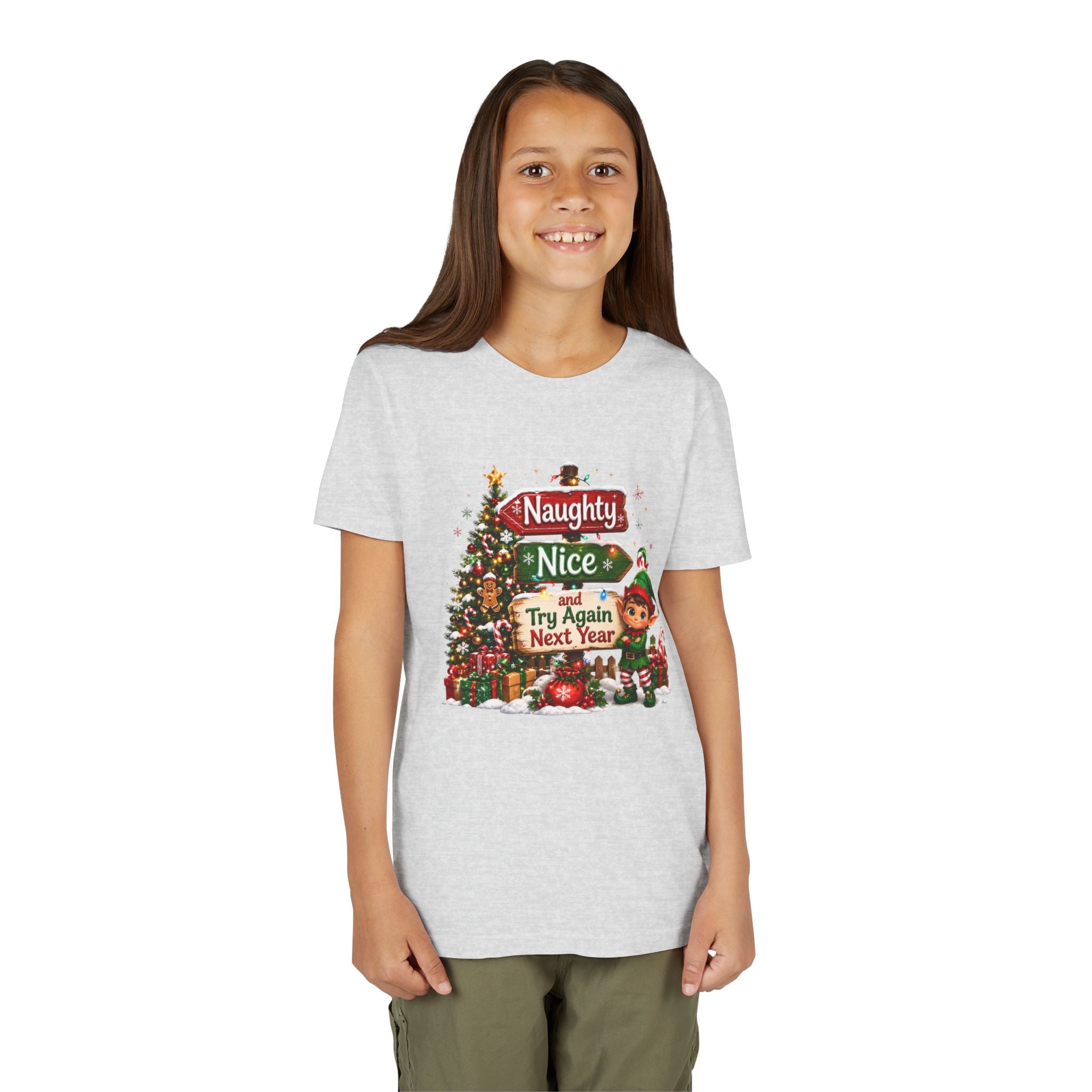 Naughty Nice Try Again Next Year Kids Shirt – Funny Elf Christmas Tee | Holiday Gift for Kids