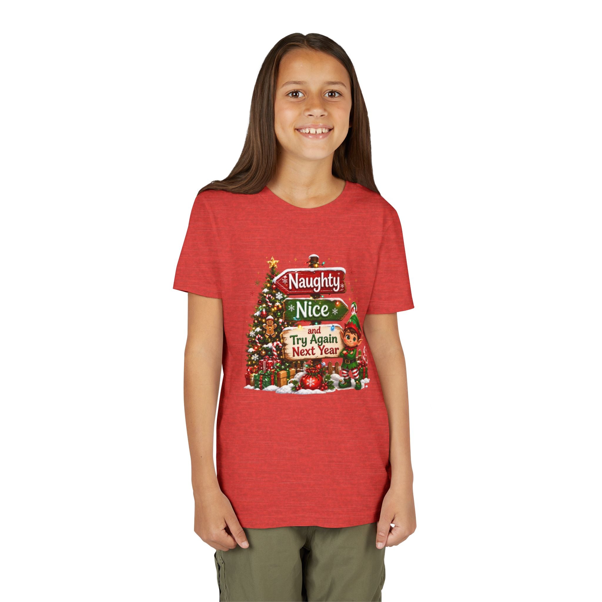 Naughty Nice Try Again Next Year Kids Shirt – Funny Elf Christmas Tee | Holiday Gift for Kids