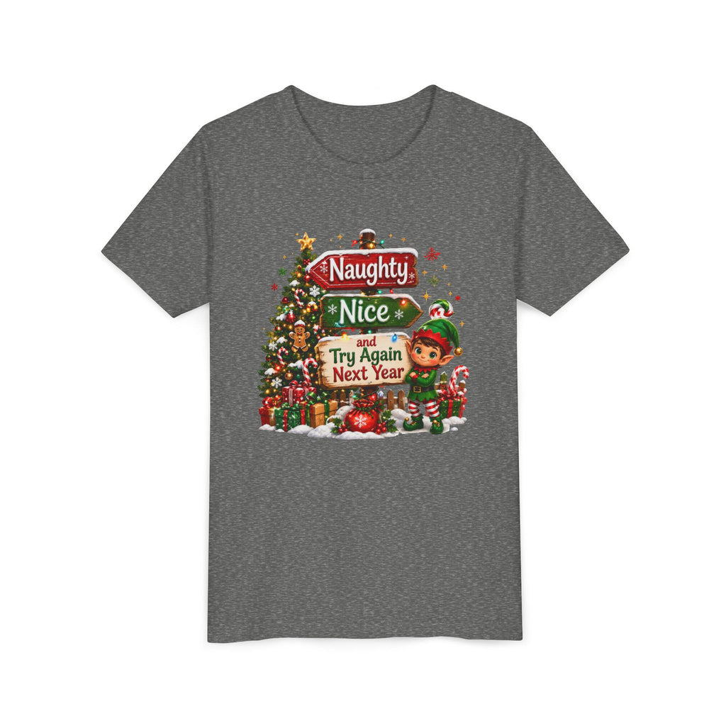 Naughty Nice Try Again Next Year Kids Shirt – Funny Elf Christmas Tee | Holiday Gift for Kids