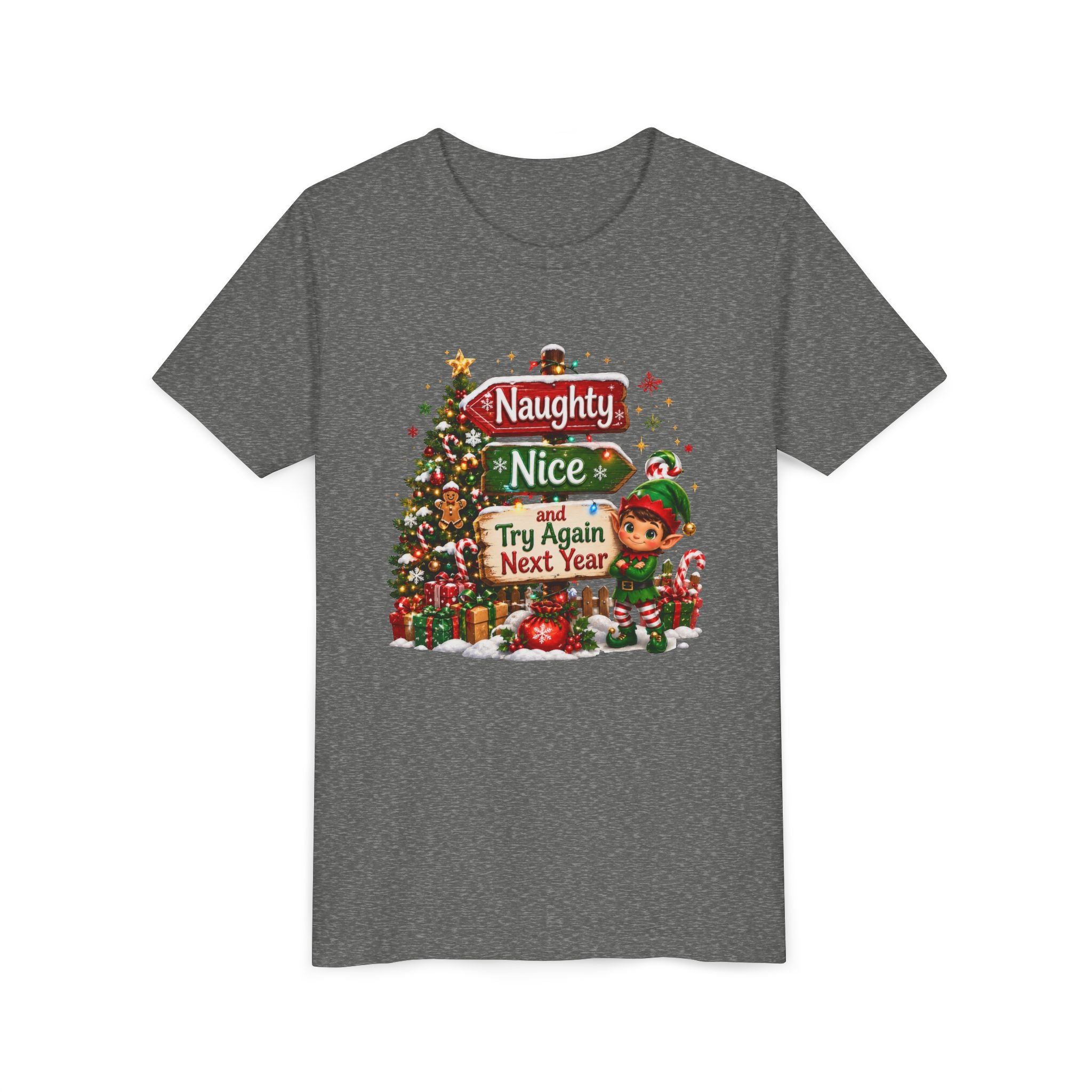 Naughty Nice Try Again Next Year Kids Shirt – Funny Elf Christmas Tee | Holiday Gift for Kids