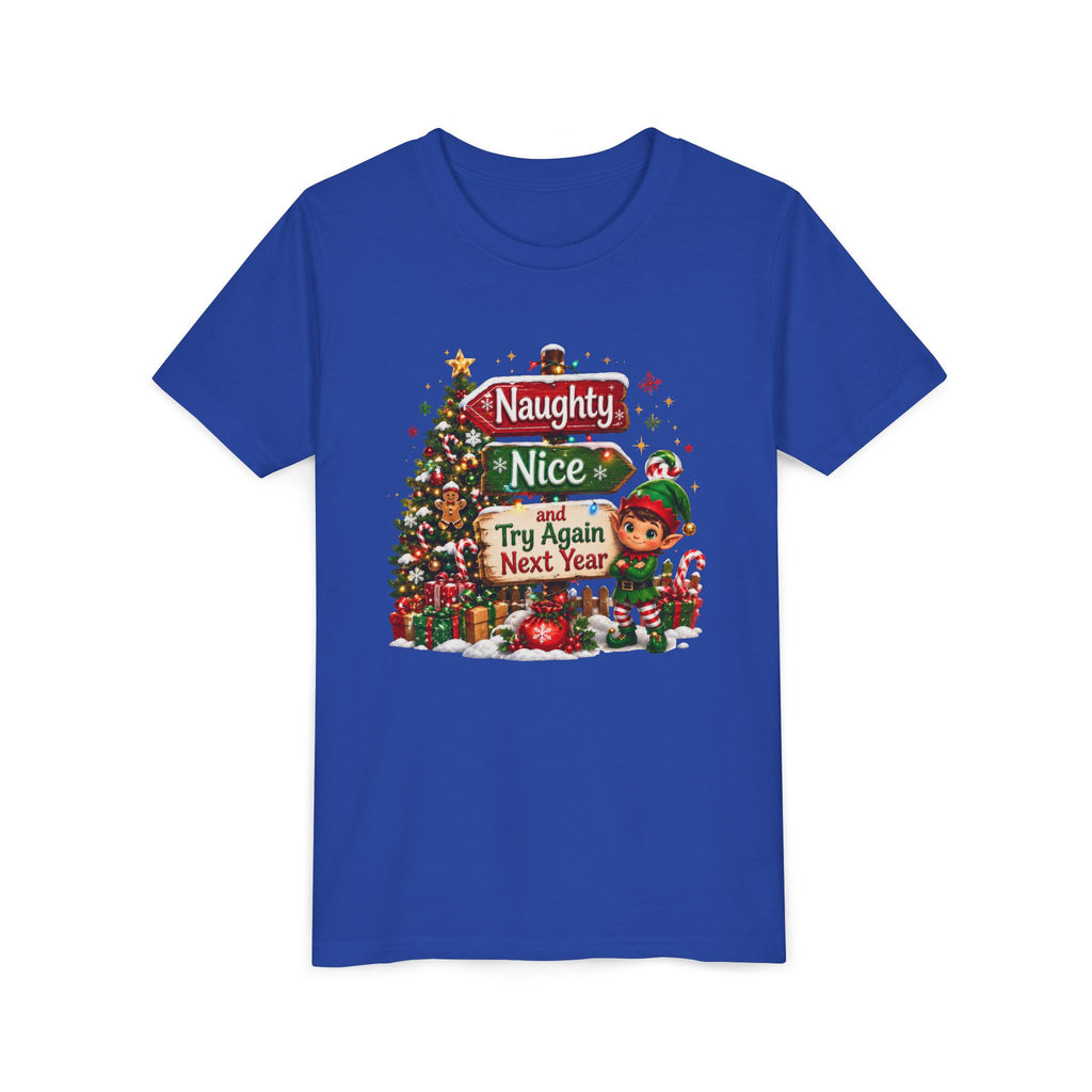 Naughty Nice Try Again Next Year Kids Shirt – Funny Elf Christmas Tee | Holiday Gift for Kids