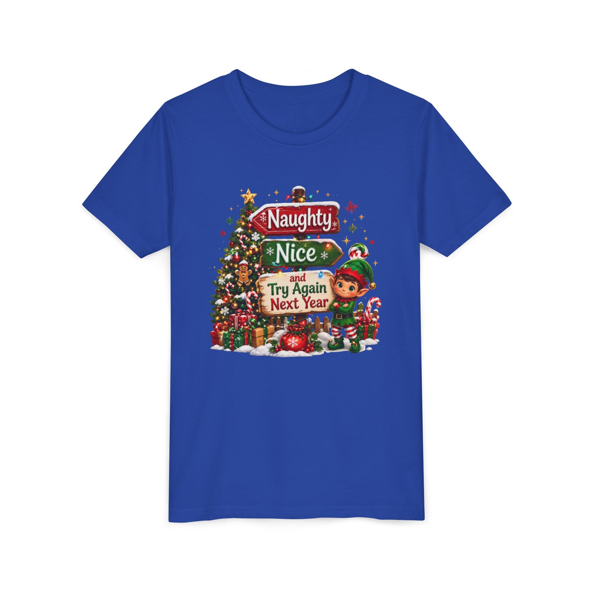 Naughty Nice Try Again Next Year Kids Shirt – Funny Elf Christmas Tee | Holiday Gift for Kids