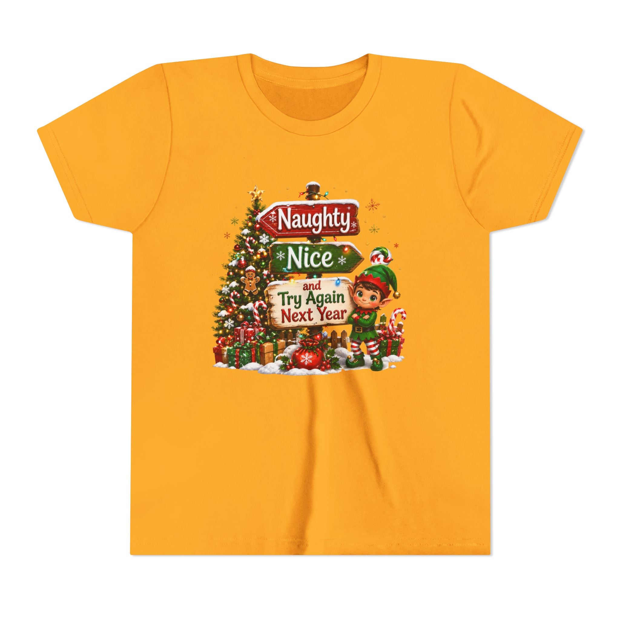 Naughty Nice Try Again Next Year Kids Shirt – Funny Elf Christmas Tee | Holiday Gift for Kids
