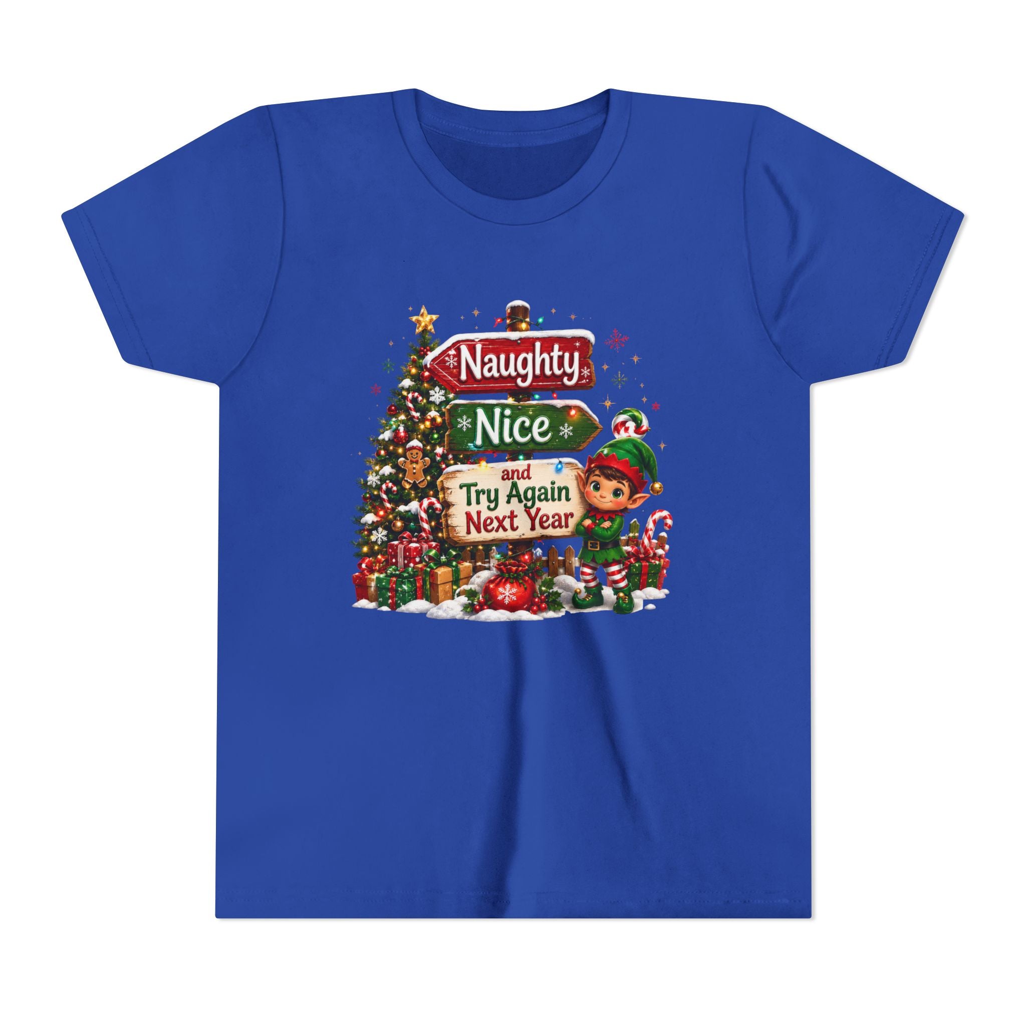 Naughty Nice Try Again Next Year Kids Shirt – Funny Elf Christmas Tee | Holiday Gift for Kids