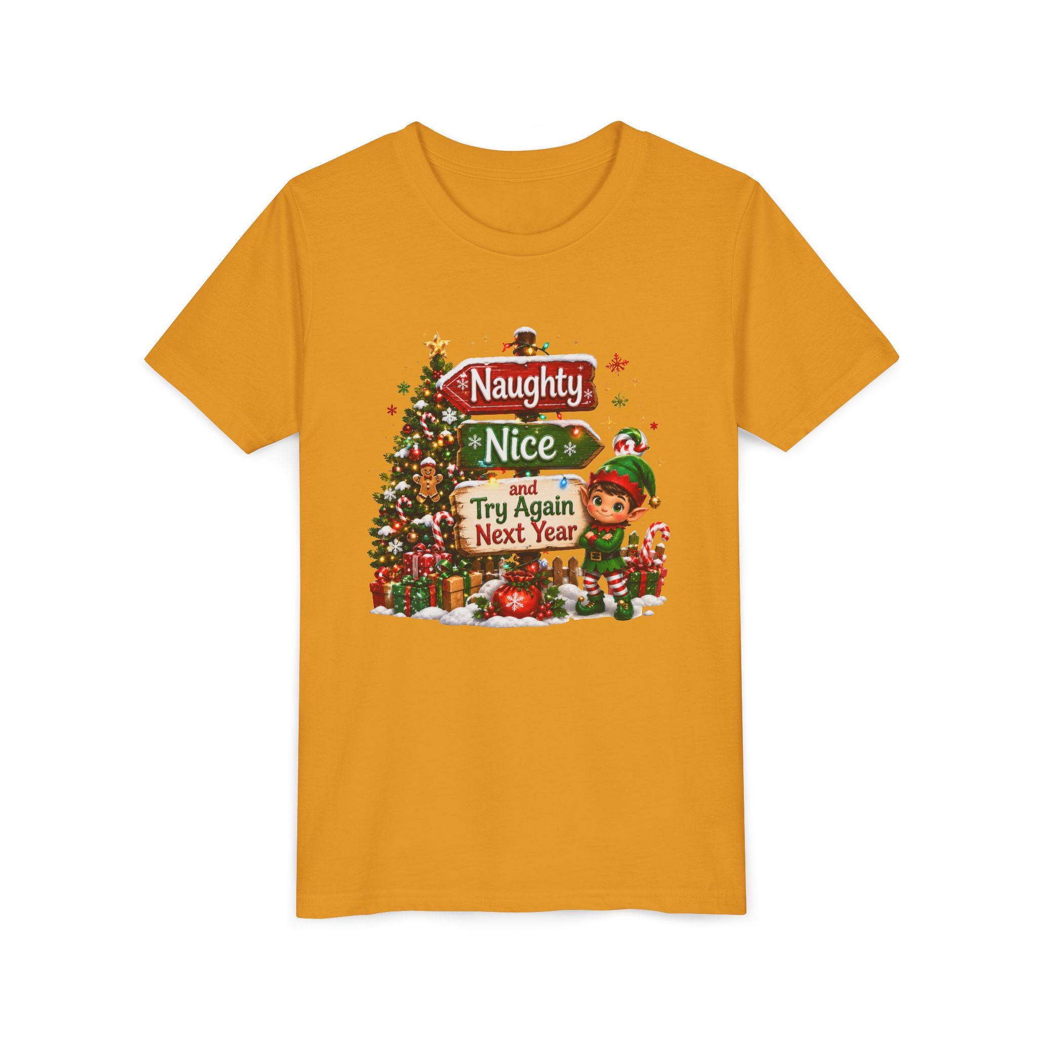 Naughty Nice Try Again Next Year Kids Shirt – Funny Elf Christmas Tee | Holiday Gift for Kids