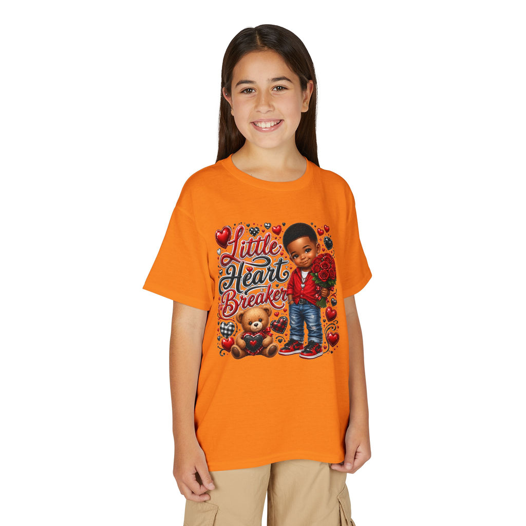 Little Heart Breaker Valentine's Day Youth T-Shirt – Cute Black Boy Roses & Teddy Bear Tee